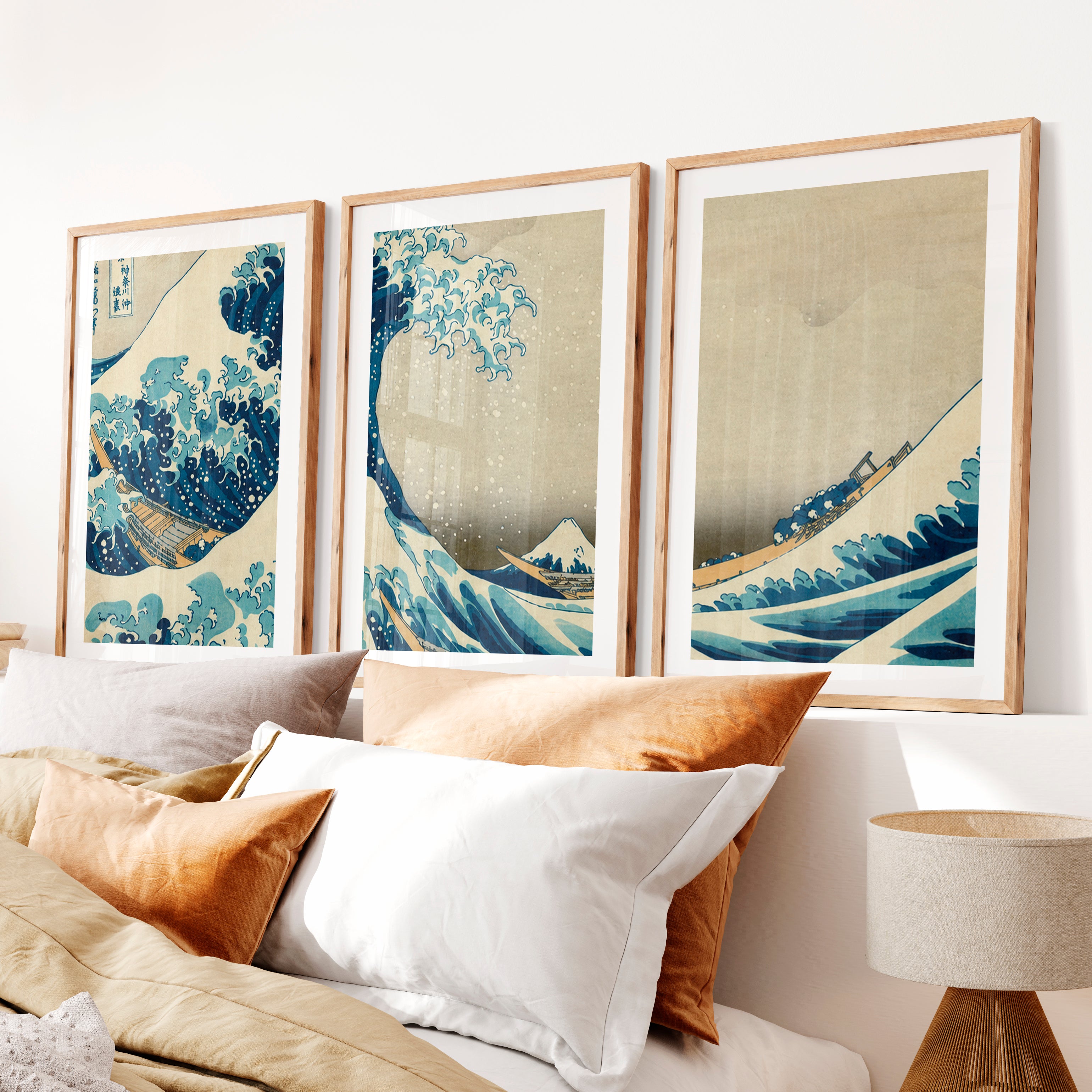 Traditional Japanese landscape art featuring terraced hills- Natural Wood Framed Poster with White Border - Artworksets
