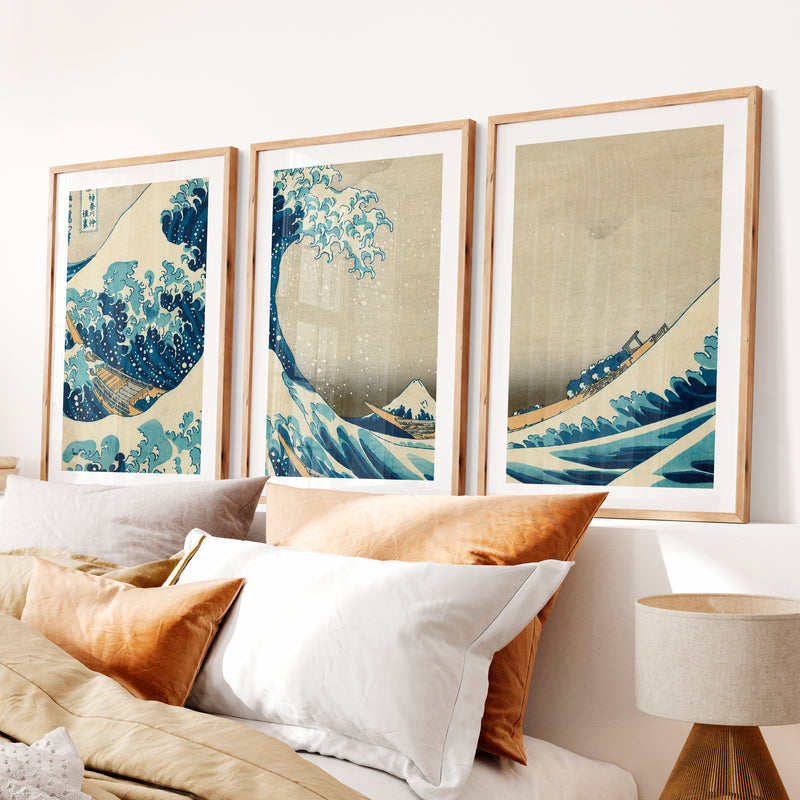 Traditional Japanese landscape art featuring terraced hills- Natural Wood Framed Poster with White Border - Artworksets
