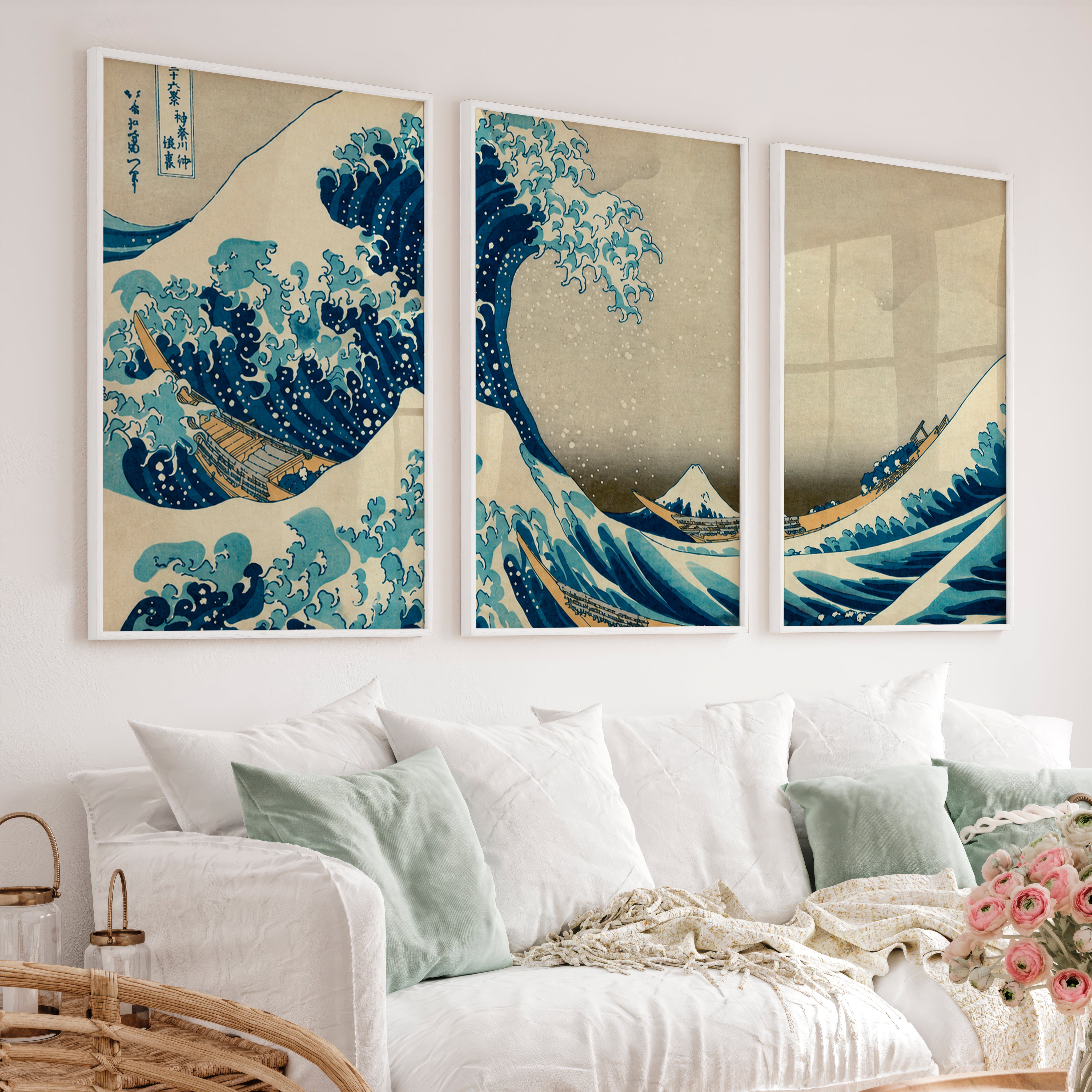 Traditional Japanese landscape art featuring terraced hills - White Framed Poster No Border - Artworksets