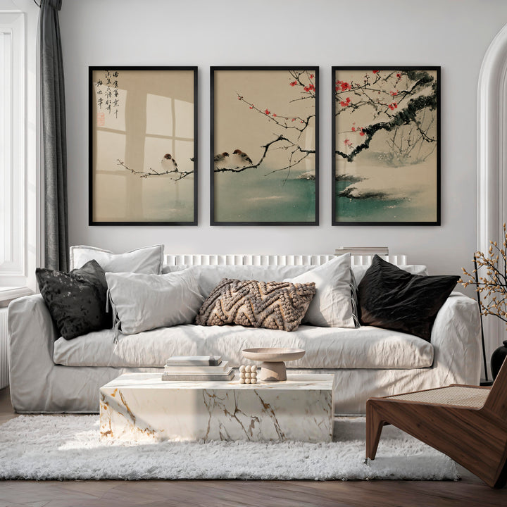 Japanese Landscape Art Capturing Pine Trees at Sunrise - Black Framed Poster No Border - Artworksets
