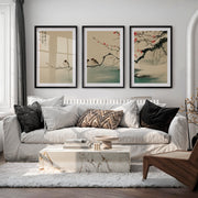 Japanese Landscape Art Capturing Pine Trees at Sunrise - Black Framed Poster with White Border - Artworksets