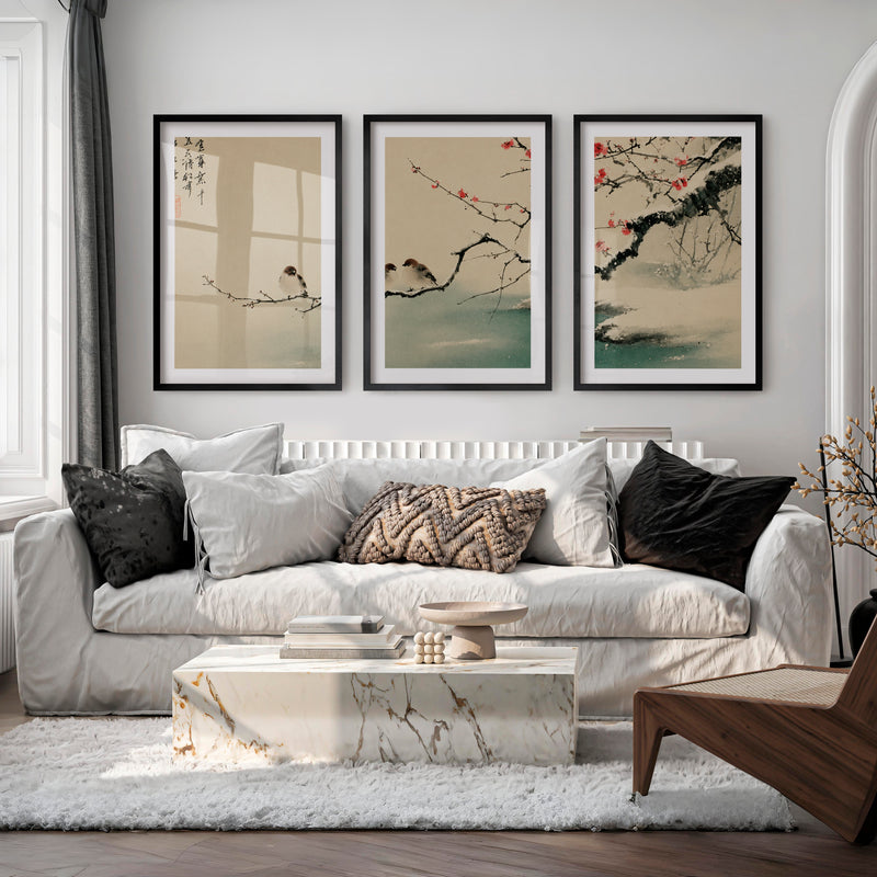 Japanese Landscape Art Capturing Pine Trees at Sunrise - Black Framed Poster with White Border - Artworksets