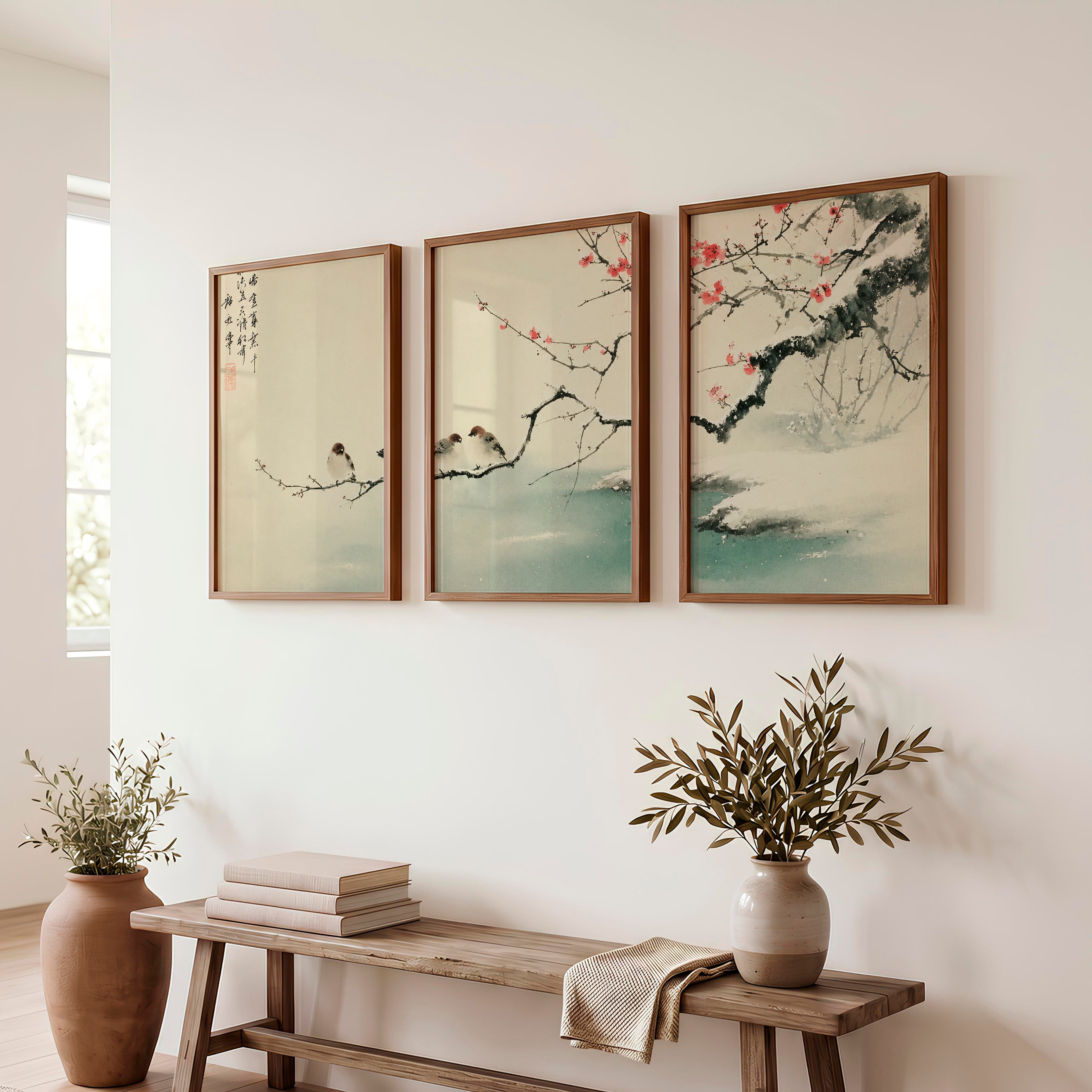 Japanese Landscape Art Capturing Pine Trees at Sunrise - Dark Brown Framed Poster No Border - Artworksets