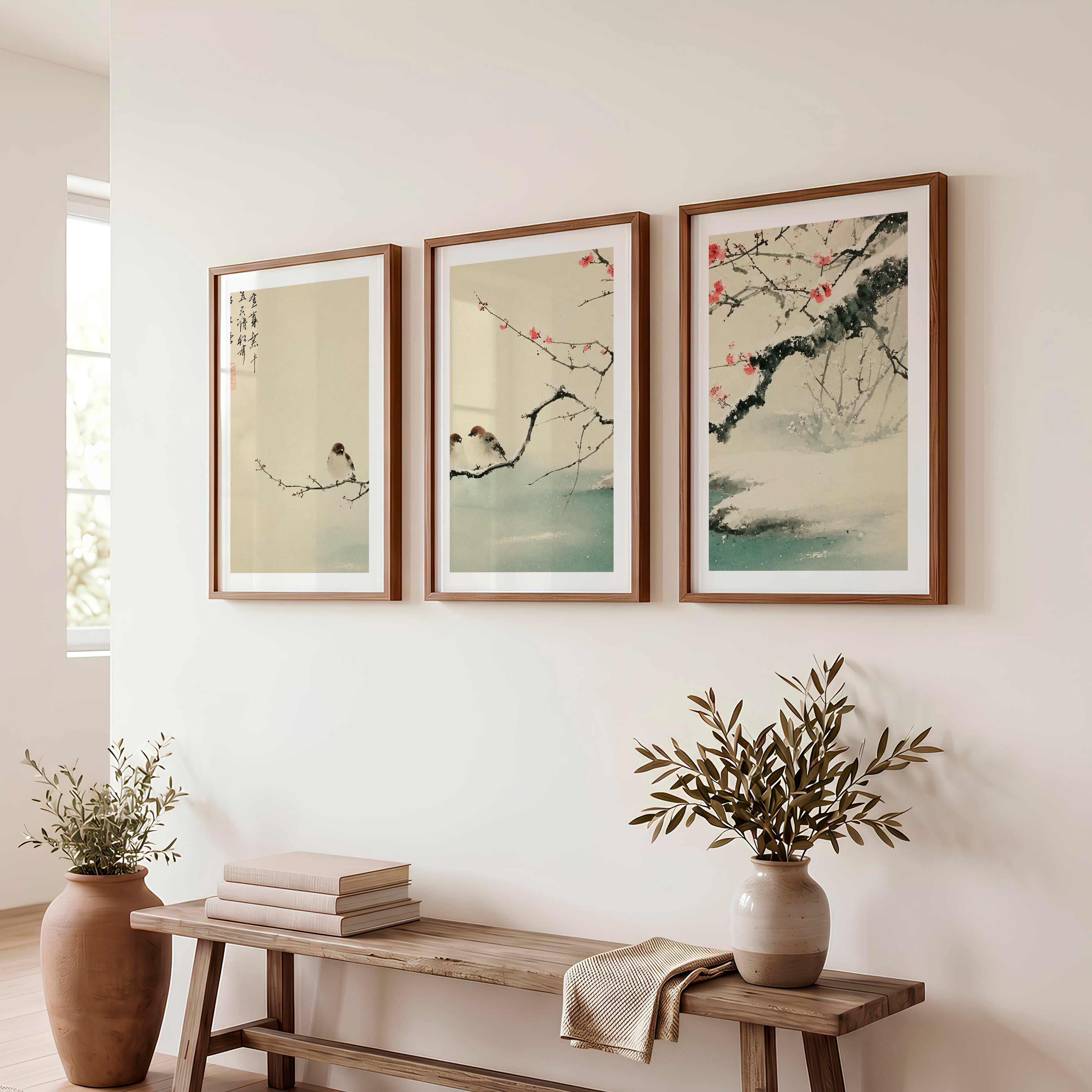 Japanese Landscape Art Capturing Pine Trees at Sunrise - Dark Brown Framed Poster with White Border - Artworksets