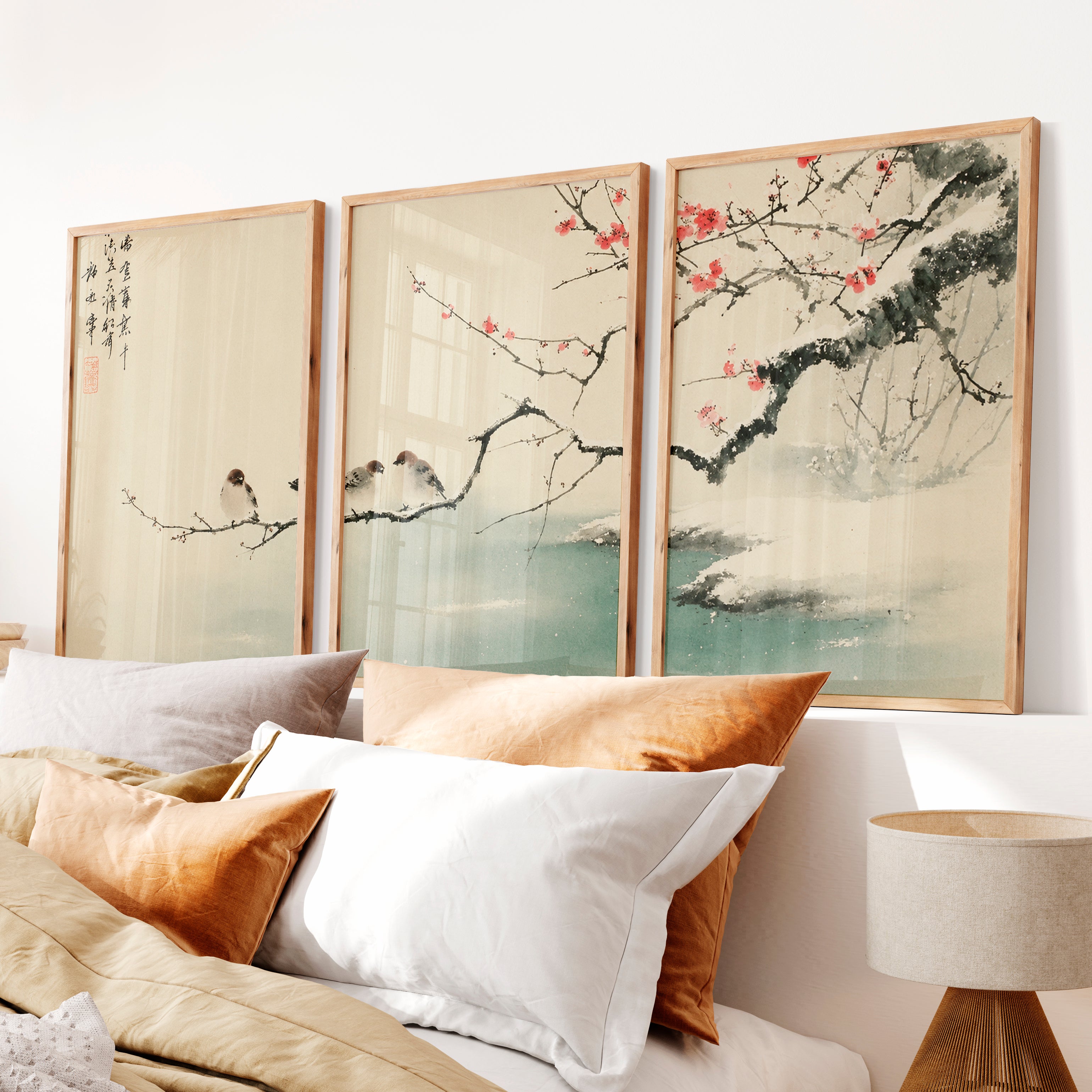Japanese Landscape Art Capturing Pine Trees at Sunrise - Natural Wood Framed Poster No Border - Artworksets