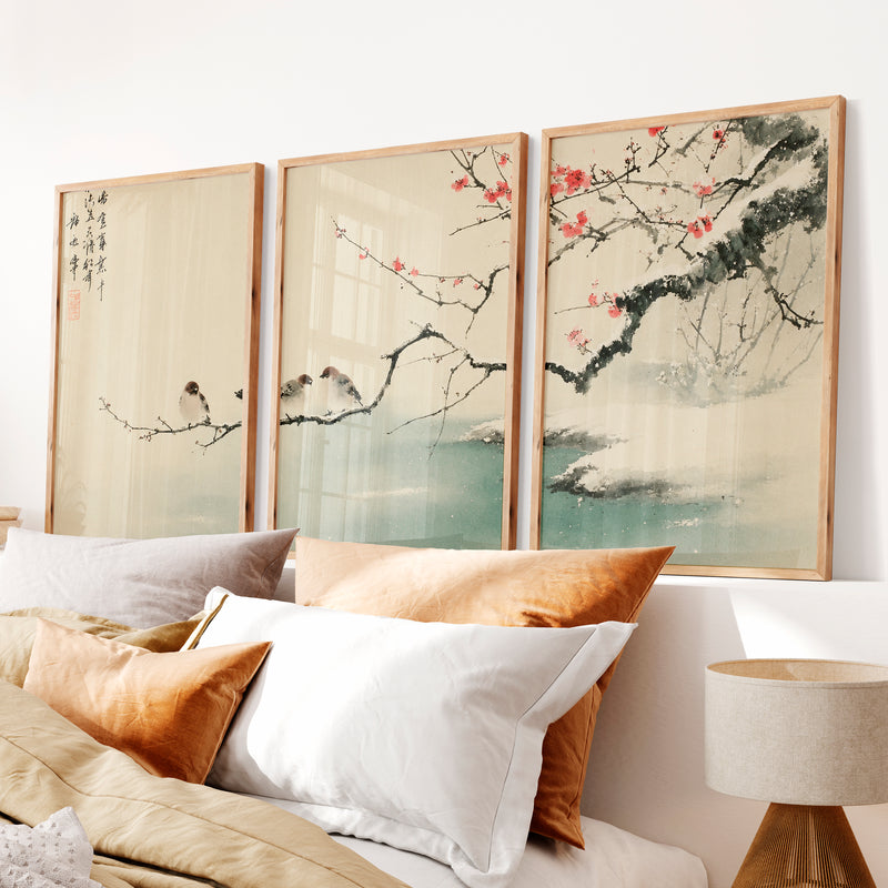 Japanese Landscape Art Capturing Pine Trees at Sunrise - Natural Wood Framed Poster No Border - Artworksets