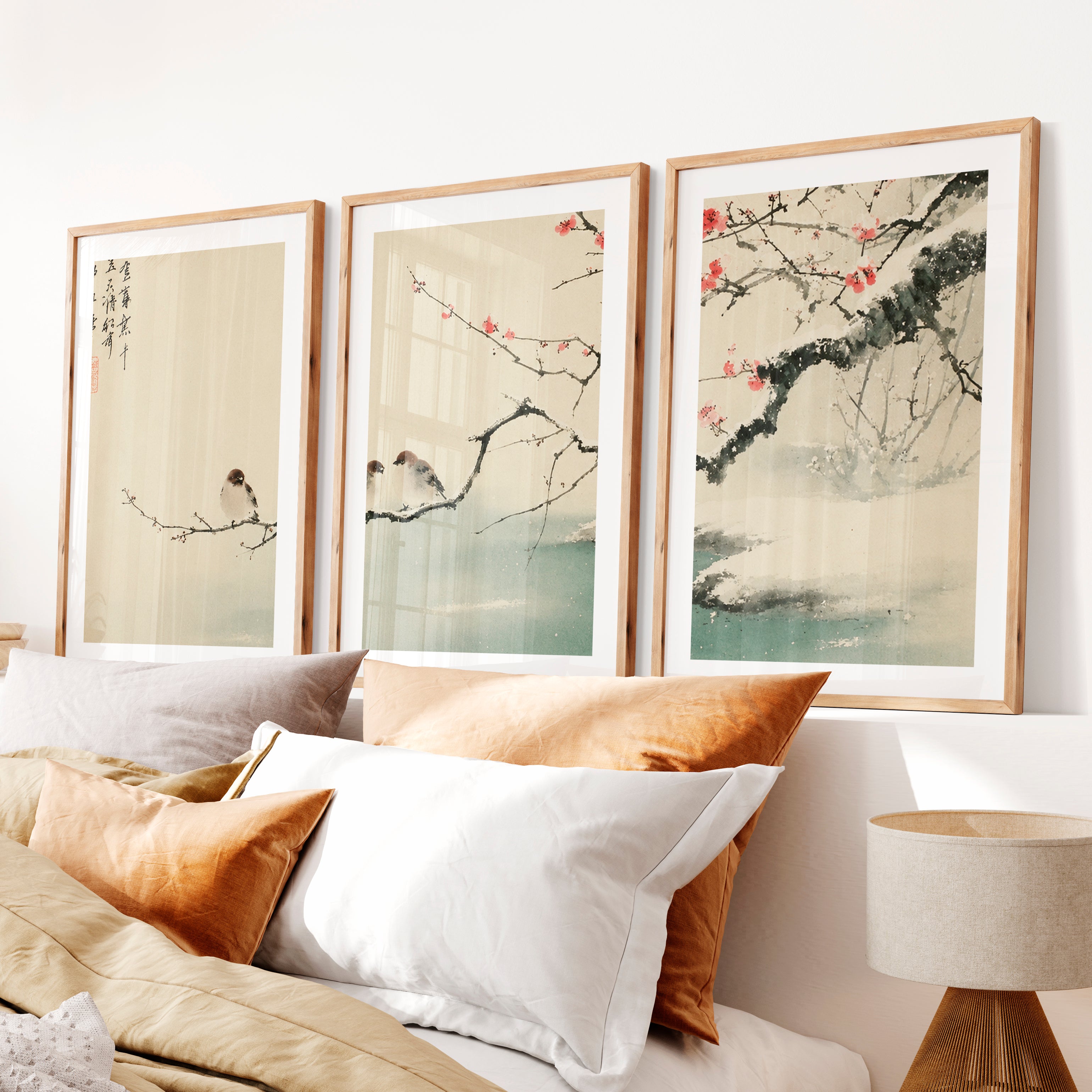 Japanese Landscape Art Capturing Pine Trees at Sunrise- Natural Wood Framed Poster with White Border - Artworksets