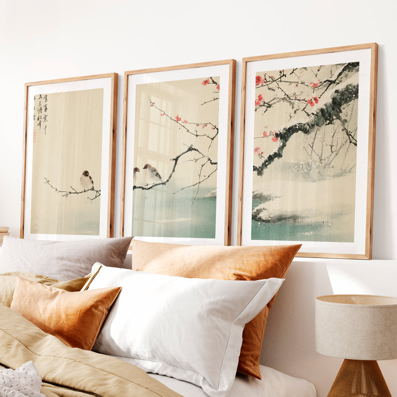 Japanese Landscape Art Capturing Pine Trees at Sunrise- Natural Wood Framed Poster with White Border - Artworksets