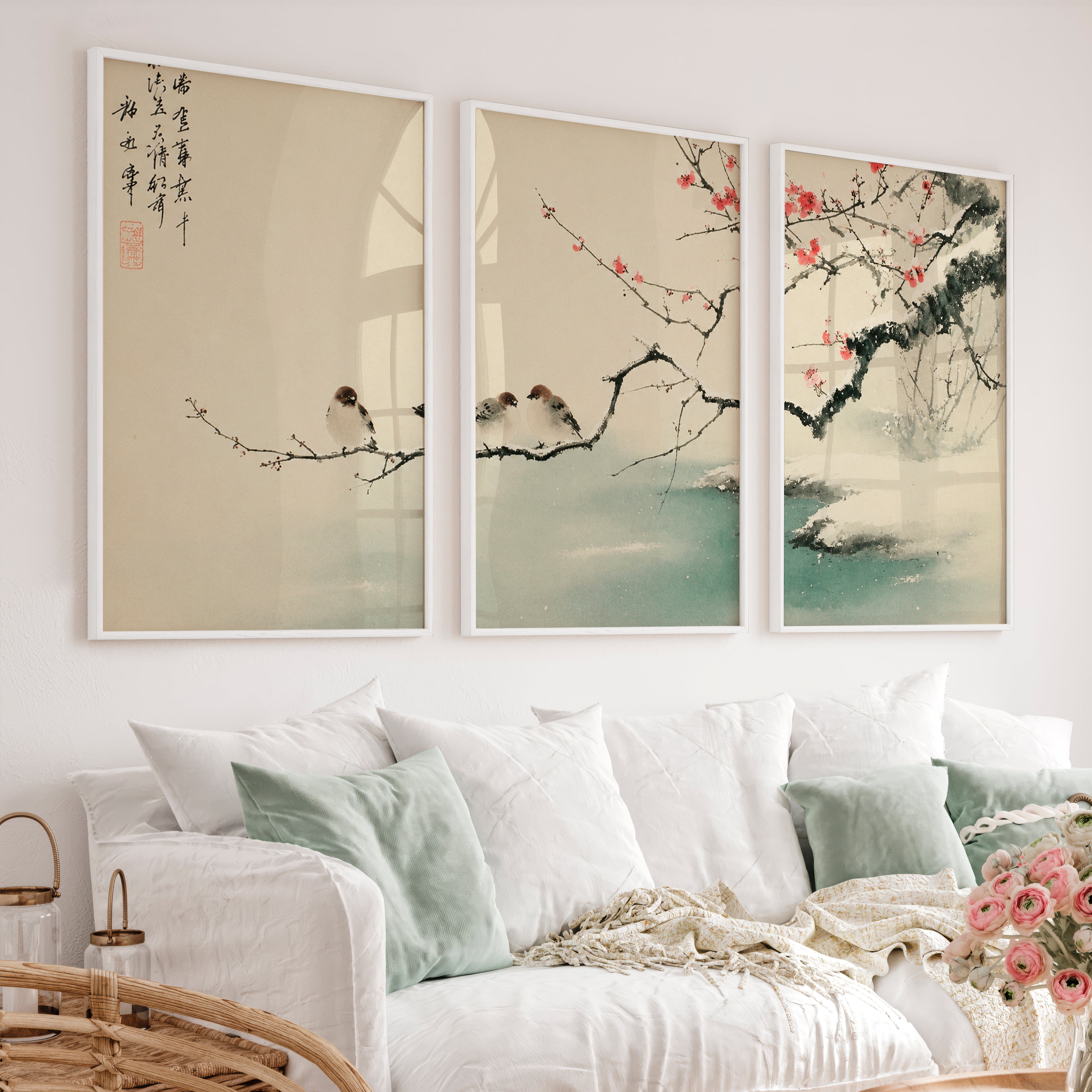 Japanese Landscape Art Capturing Pine Trees at Sunrise - White Framed Poster No Border - Artworksets