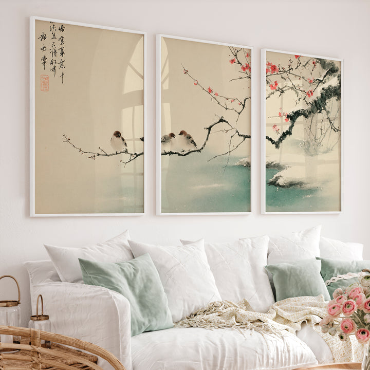 Japanese Landscape Art Capturing Pine Trees at Sunrise - White Framed Poster No Border - Artworksets