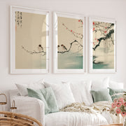 Japanese Landscape Art Capturing Pine Trees at Sunrise - White Framed Poster with White Border - Artworksets