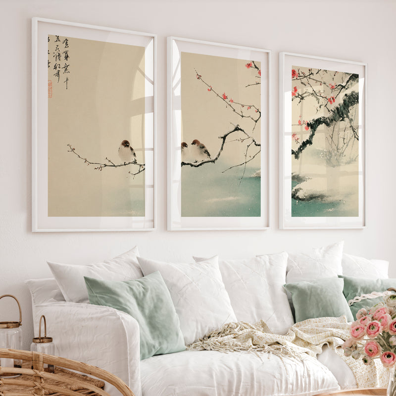 Japanese Landscape Art Capturing Pine Trees at Sunrise - White Framed Poster with White Border - Artworksets