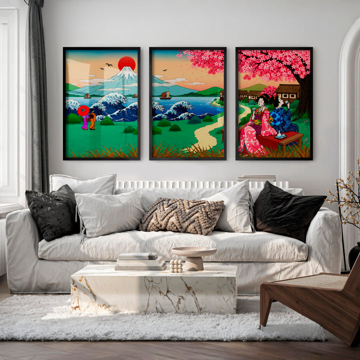 Japanese Landscape Art Featuring a Serene River and Stones - Black Framed Poster No Border - Artworksets
