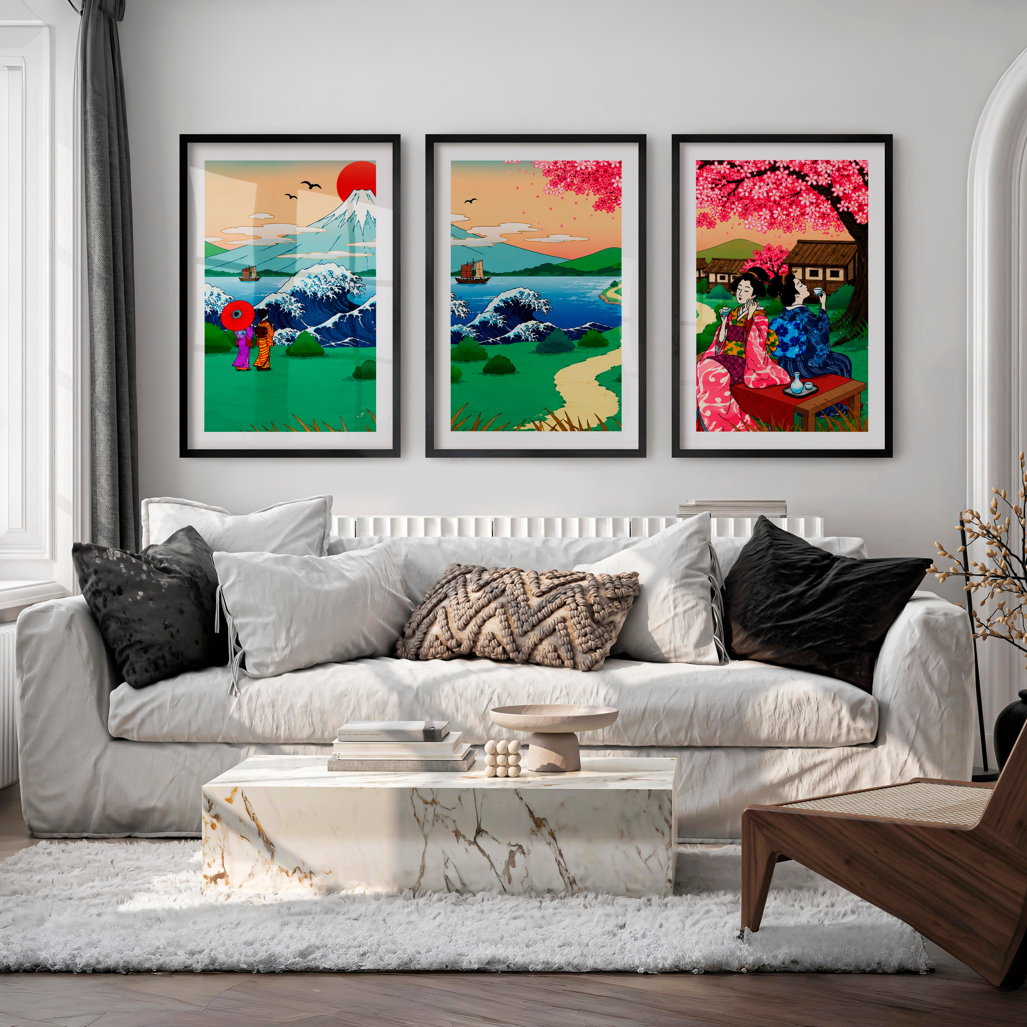 Japanese Landscape Art Featuring a Serene River and Stones - Black Framed Poster with White Border - Artworksets