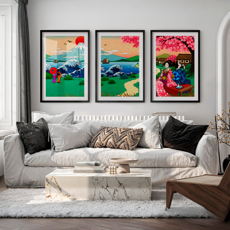 Japanese Landscape Art Featuring a Serene River and Stones - Black Framed Poster with White Border - Artworksets
