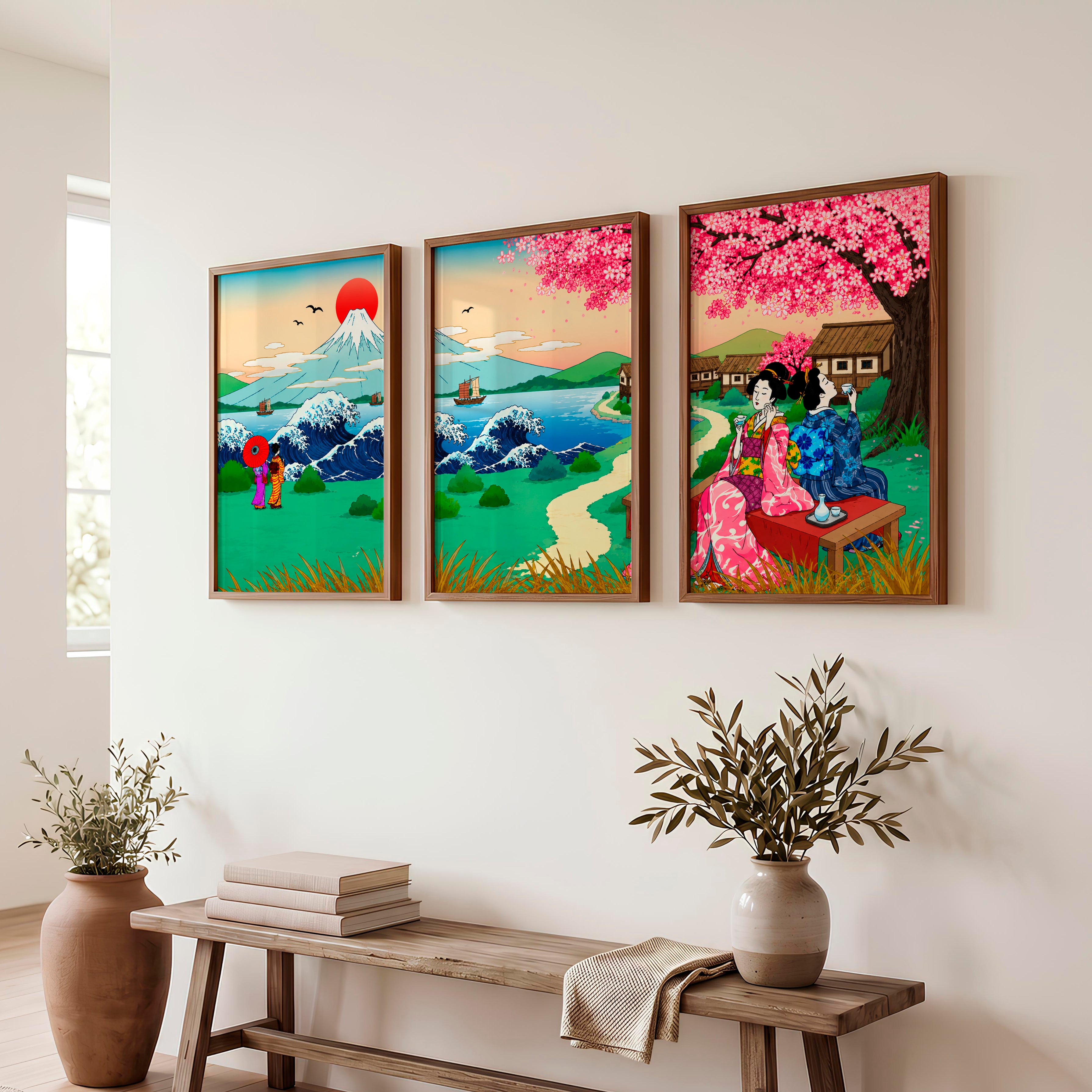 Japanese Landscape Art Featuring a Serene River and Stones - Dark Brown Framed Poster No Border - Artworksets