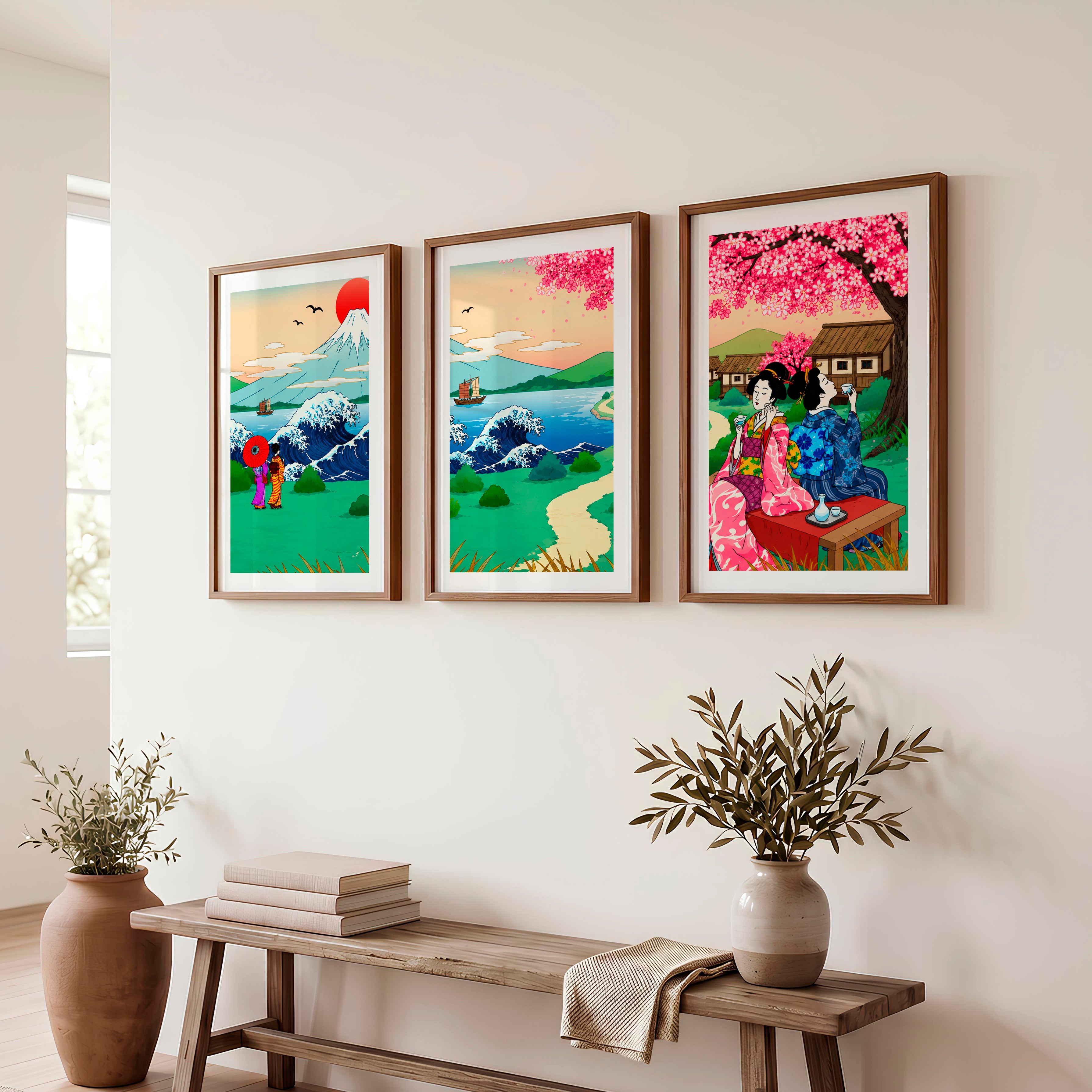 Japanese Landscape Art Featuring a Serene River and Stones - Dark Brown Framed Poster with White Border - Artworksets