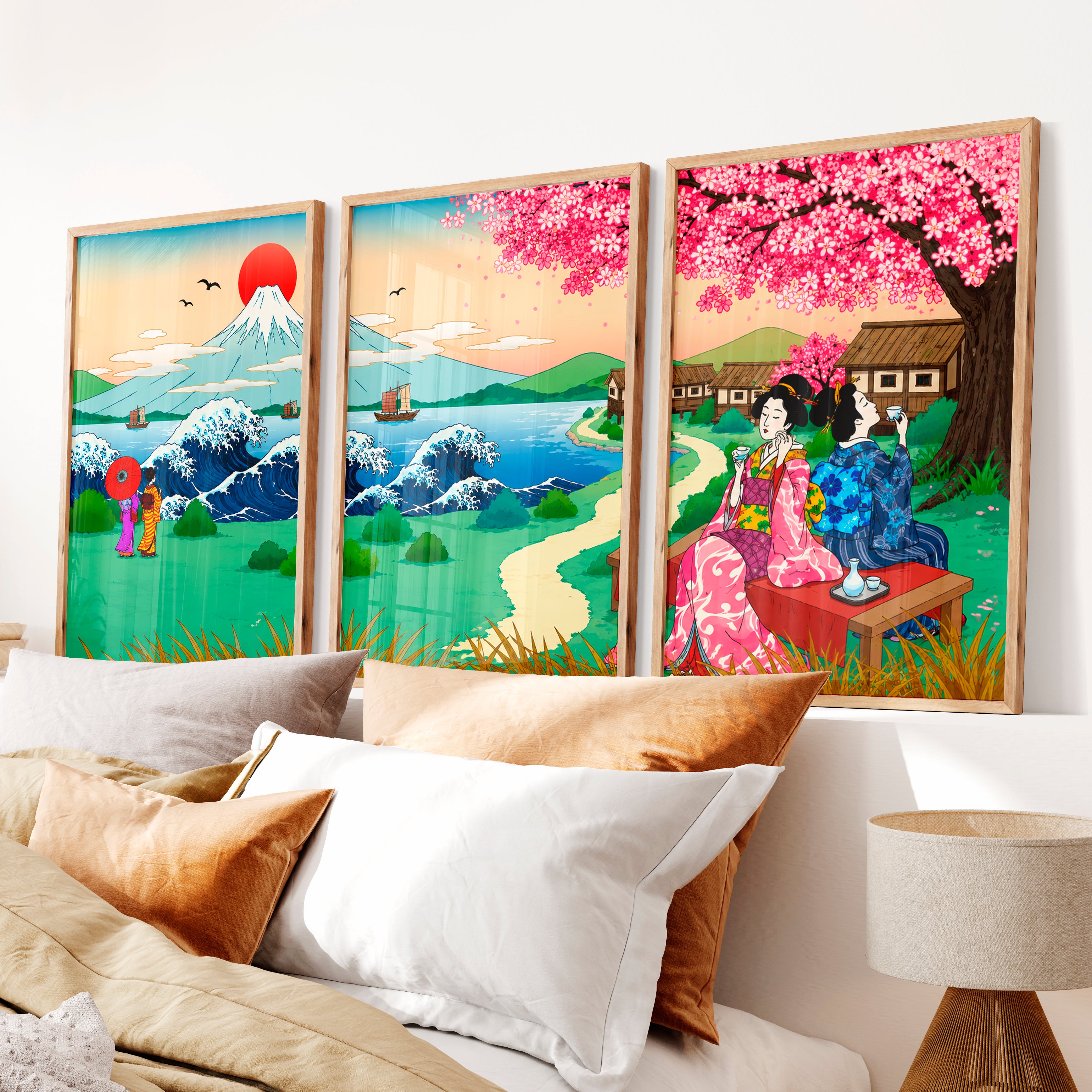 Japanese Landscape Art Featuring a Serene River and Stones - Natural Wood Framed Poster No Border - Artworksets