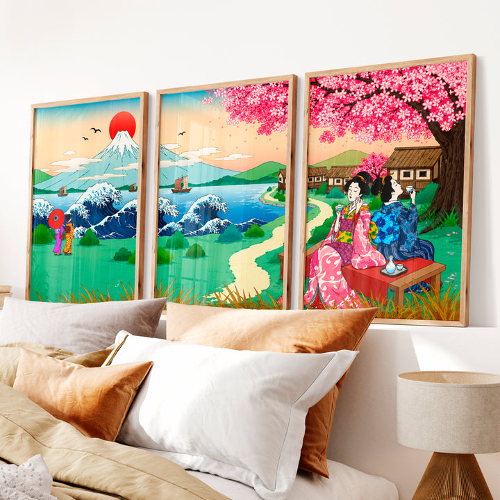 Japanese Landscape Art Featuring a Serene River and Stones - Natural Wood Framed Poster No Border - Artworksets