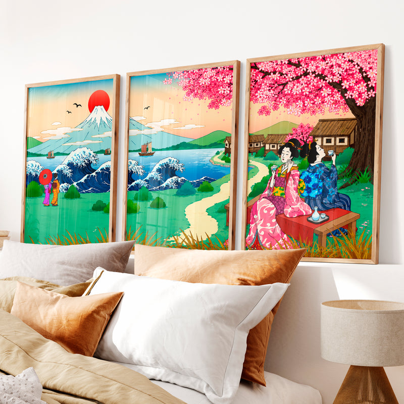 Japanese Landscape Art Featuring a Serene River and Stones - Natural Wood Framed Poster No Border - Artworksets