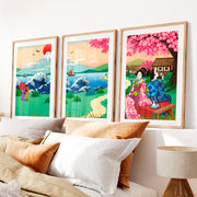 Japanese Landscape Art Featuring a Serene River and Stones- Natural Wood Framed Poster with White Border - Artworksets