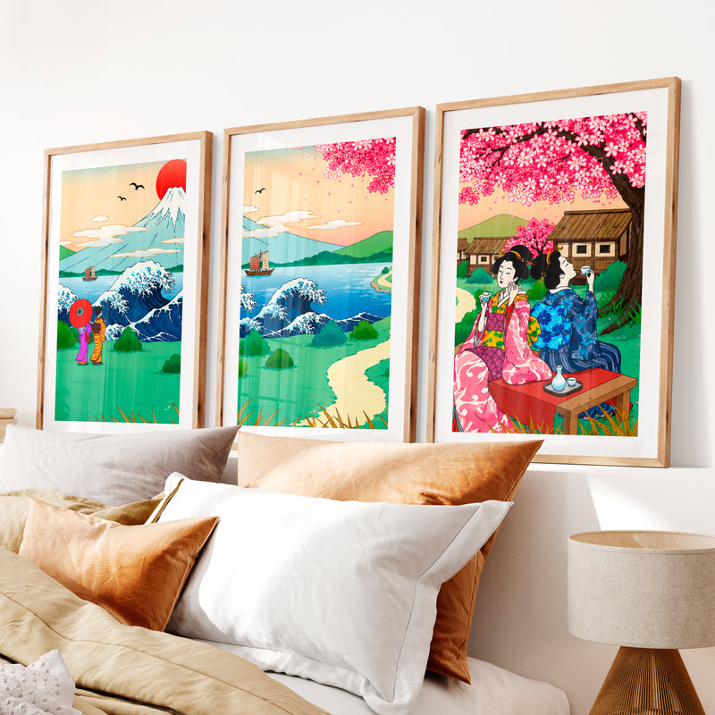 Japanese Landscape Art Featuring a Serene River and Stones- Natural Wood Framed Poster with White Border - Artworksets