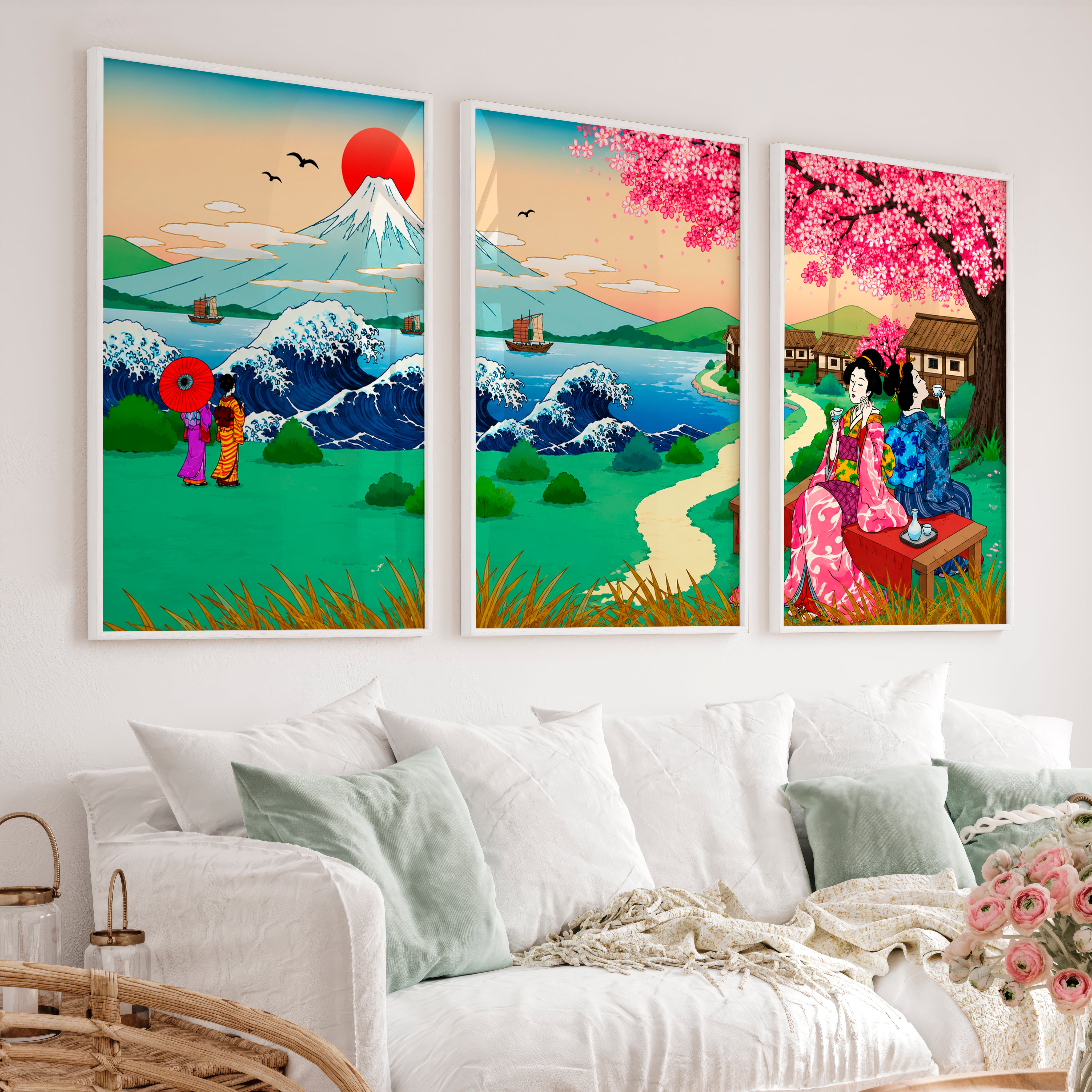 Japanese Landscape Art Featuring a Serene River and Stones - White Framed Poster No Border - Artworksets