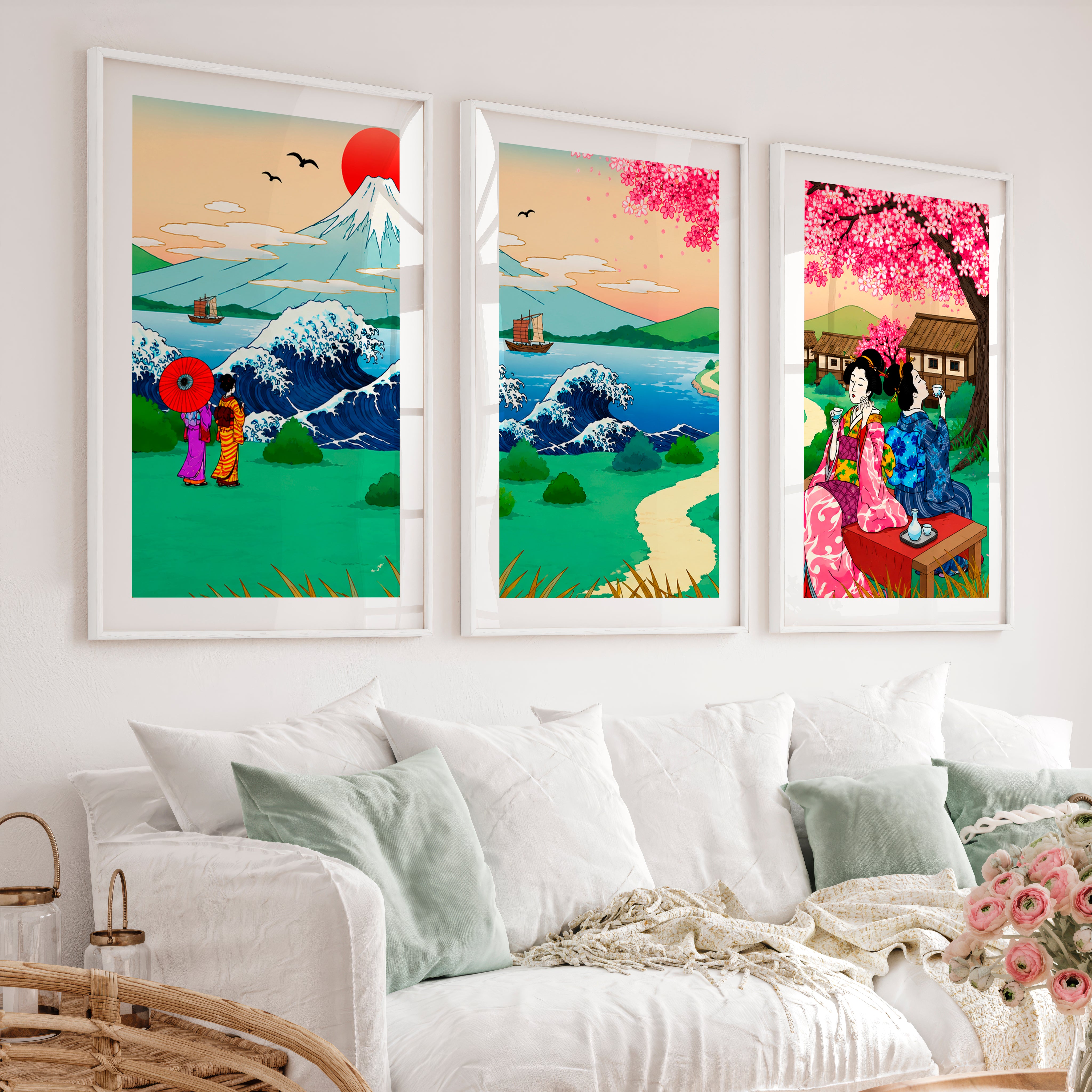 Japanese Landscape Art Featuring a Serene River and Stones - White Framed Poster with White Border - Artworksets