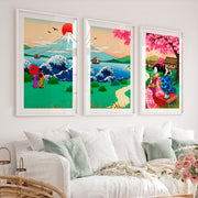Japanese Landscape Art Featuring a Serene River and Stones - White Framed Poster with White Border - Artworksets