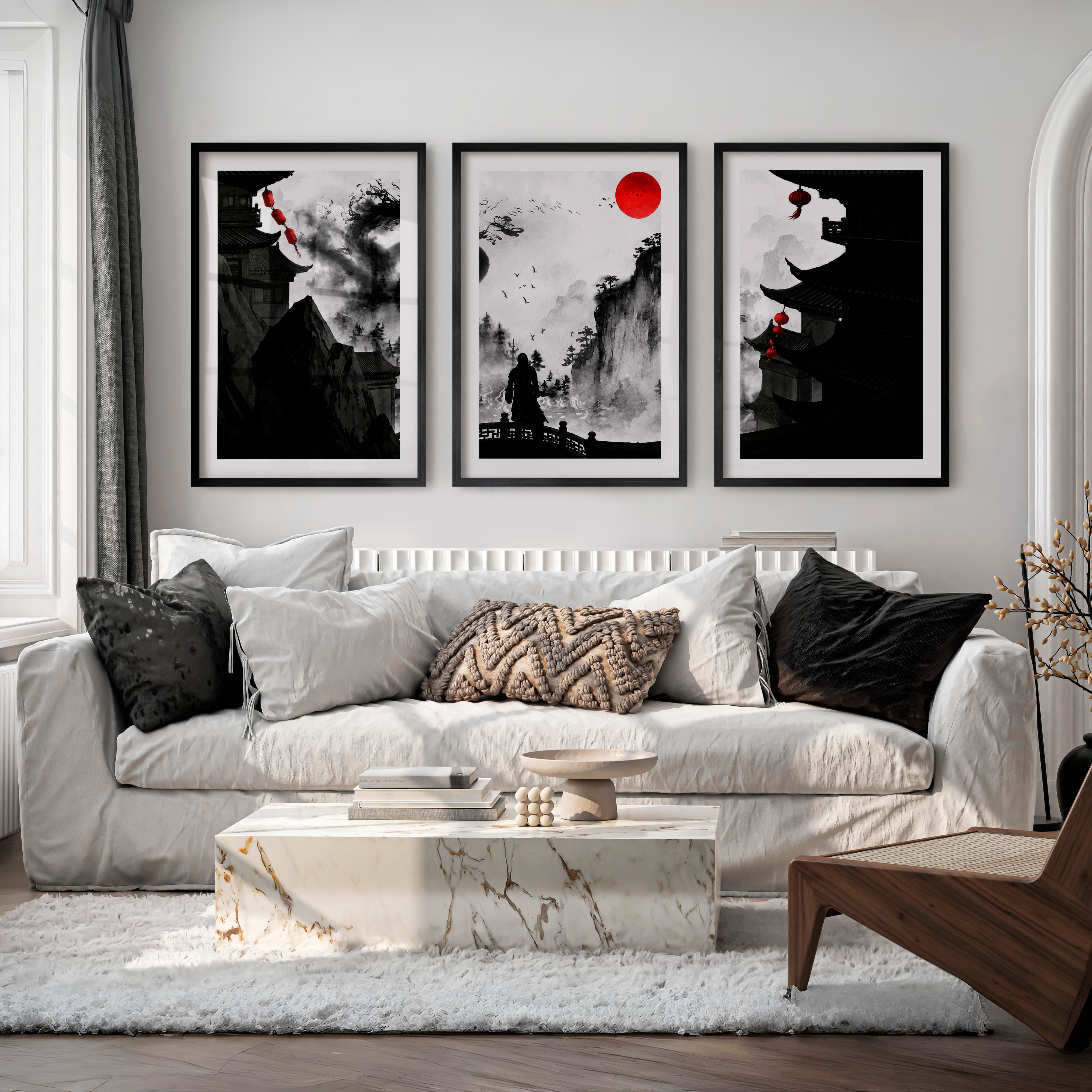 Hiroshige japanese landscape art Set - Black Framed Poster with White Border - Artworksets