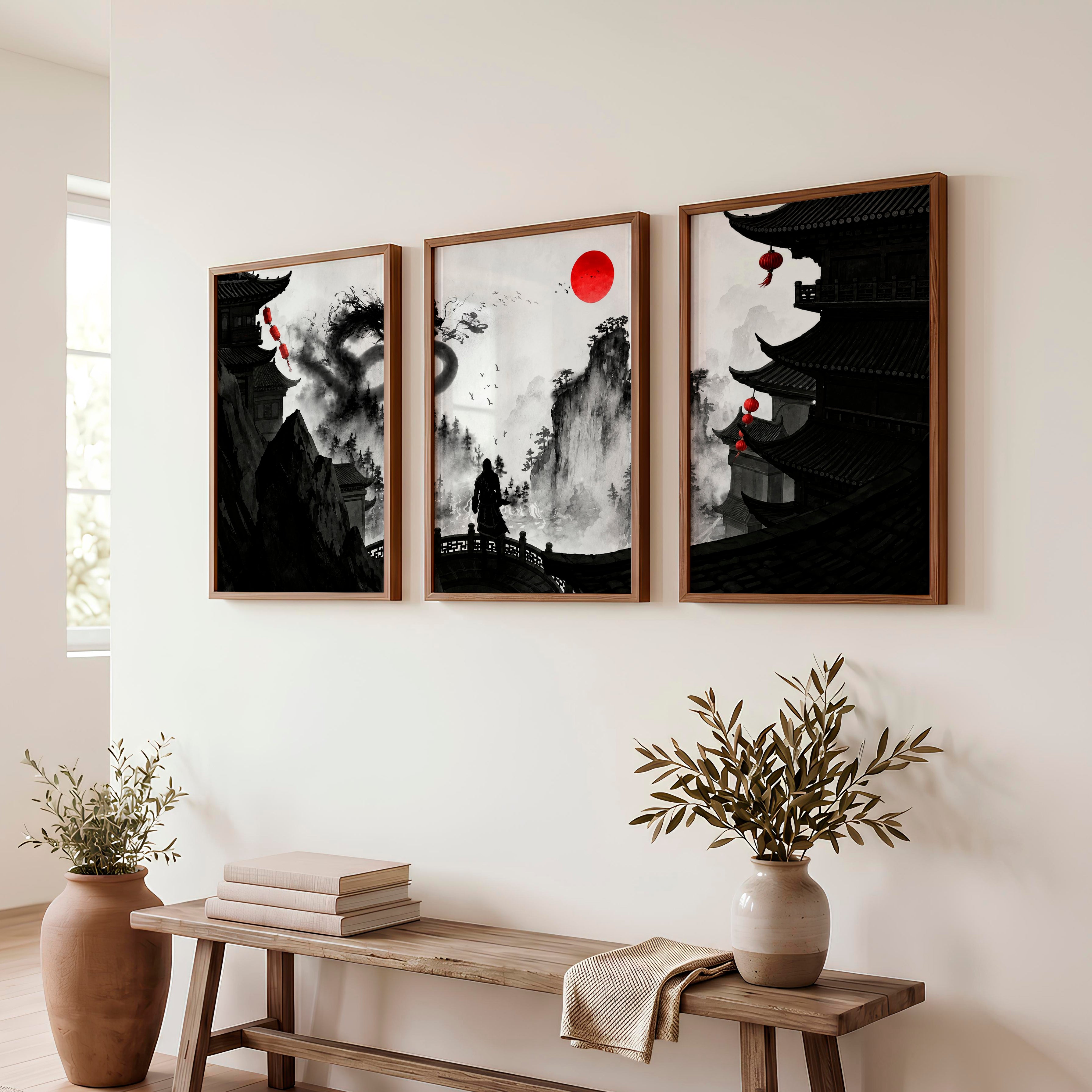 Hiroshige japanese landscape art Set - Dark Brown Framed Poster No Border - Artworksets