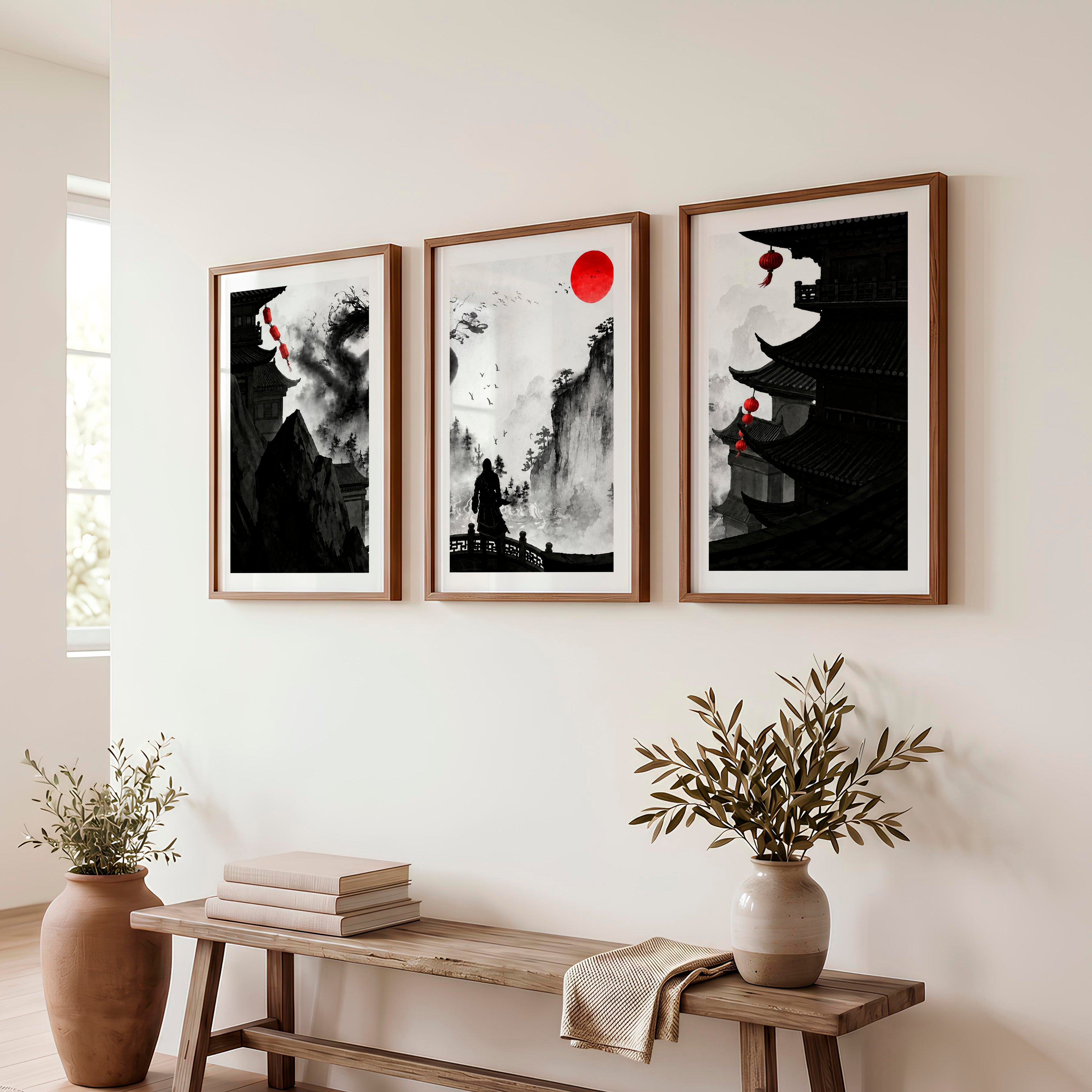 Hiroshige japanese landscape art Set - Dark Brown Framed Poster with White Border - Artworksets