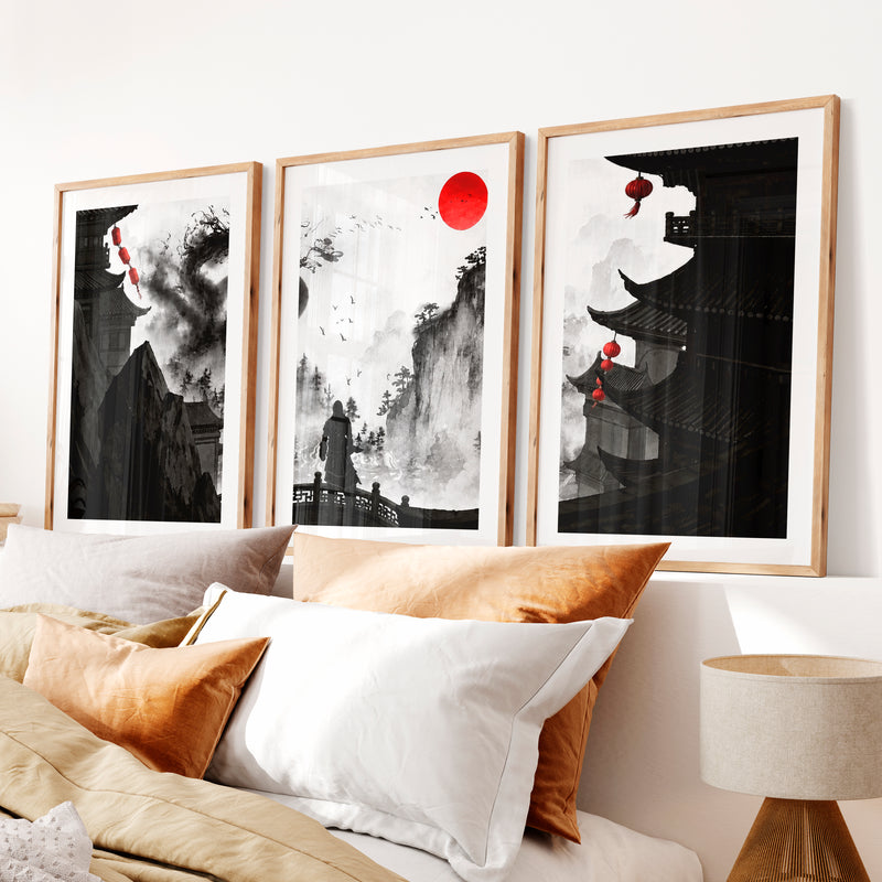 Hiroshige japanese landscape art Set- Natural Wood Framed Poster with White Border - Artworksets