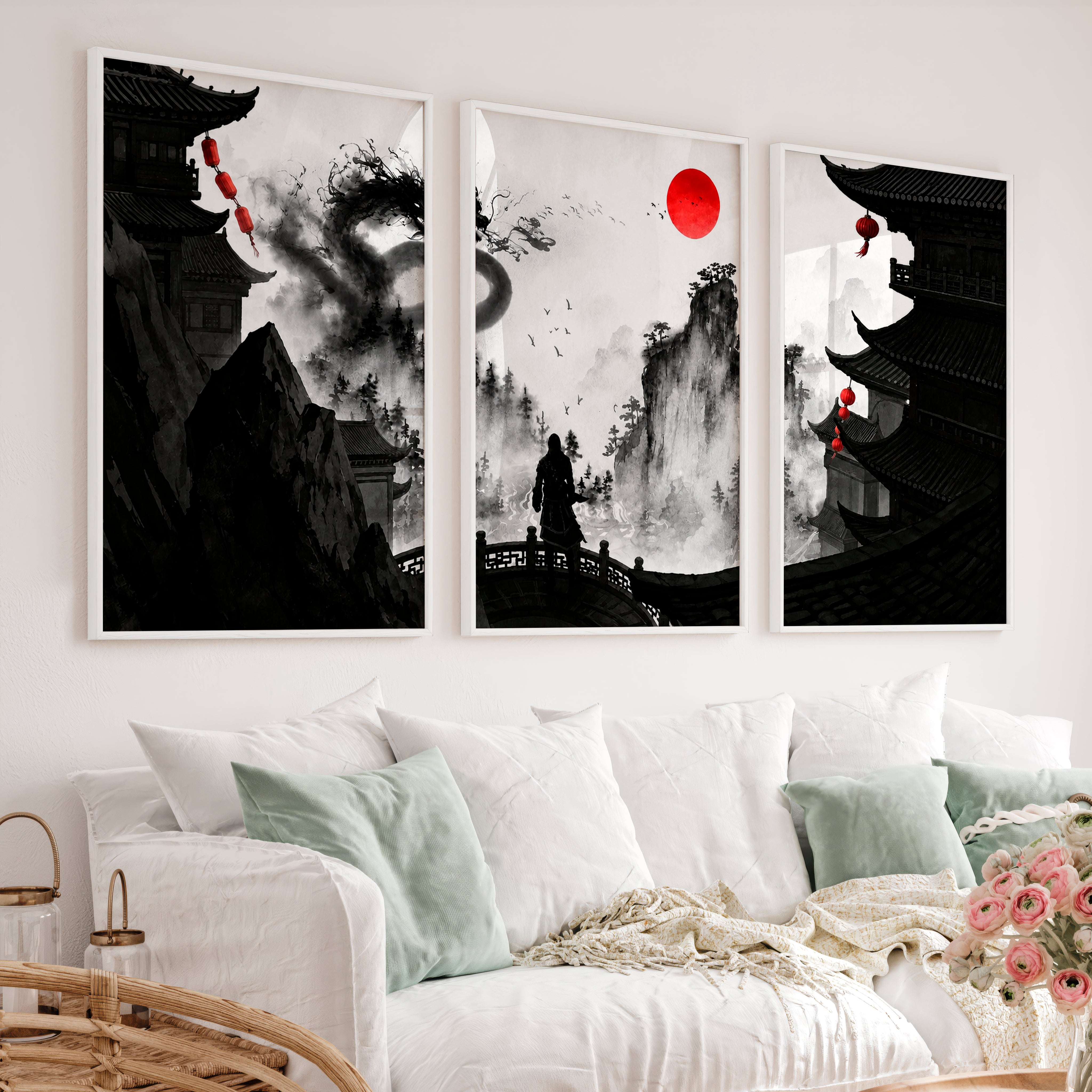 Hiroshige japanese landscape art Set - White Framed Poster No Border - Artworksets