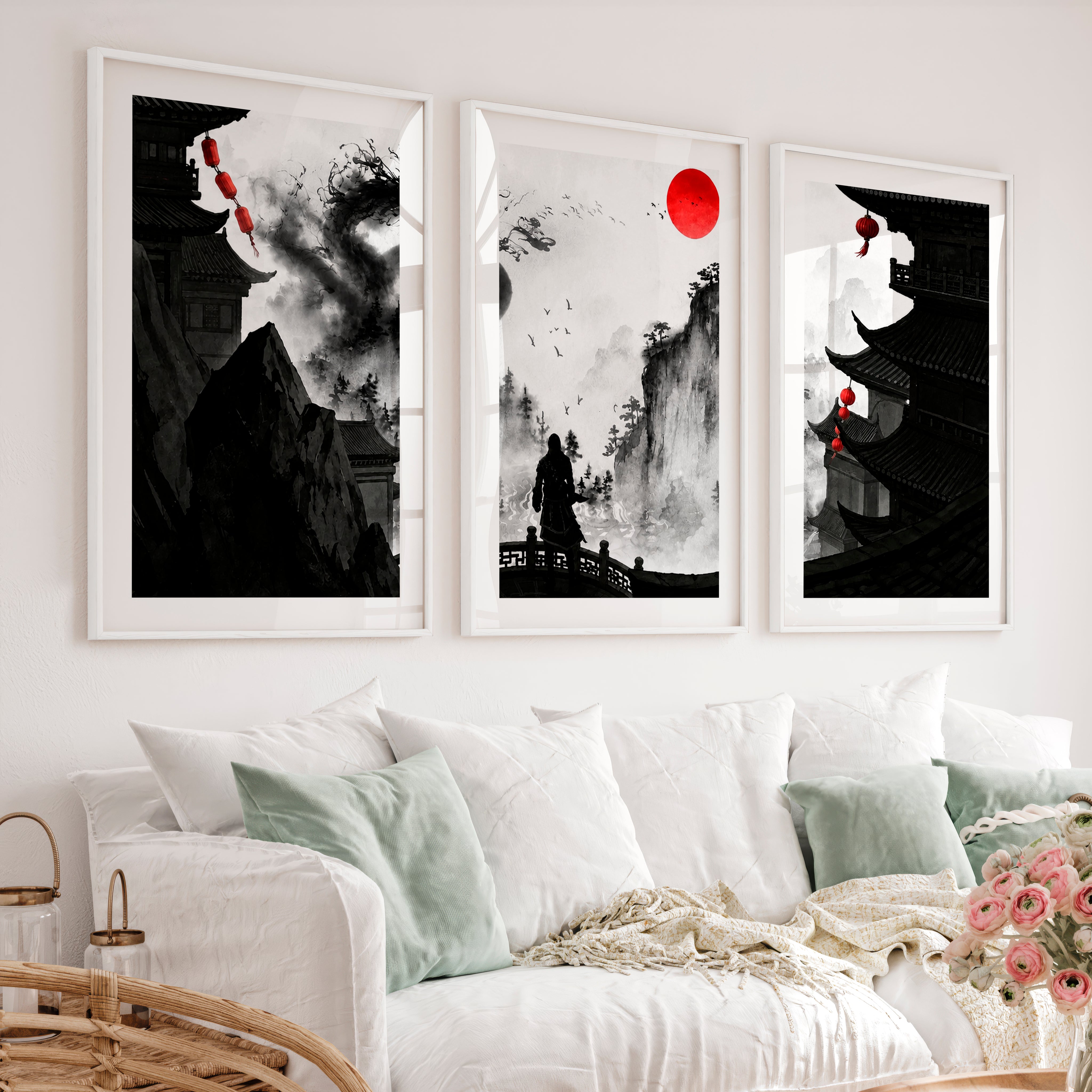 Hiroshige japanese landscape art Set - White Framed Poster with White Border - Artworksets