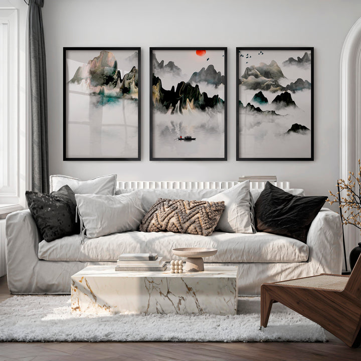 Japanese Modern Art Prints Featuring Geometric Earth Tones - Black Framed Poster No Border - Artworksets