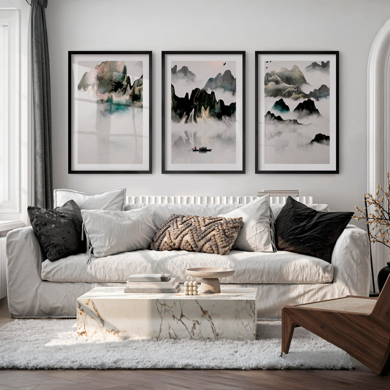 Japanese Modern Art Prints Featuring Geometric Earth Tones - Black Framed Poster with White Border - Artworksets