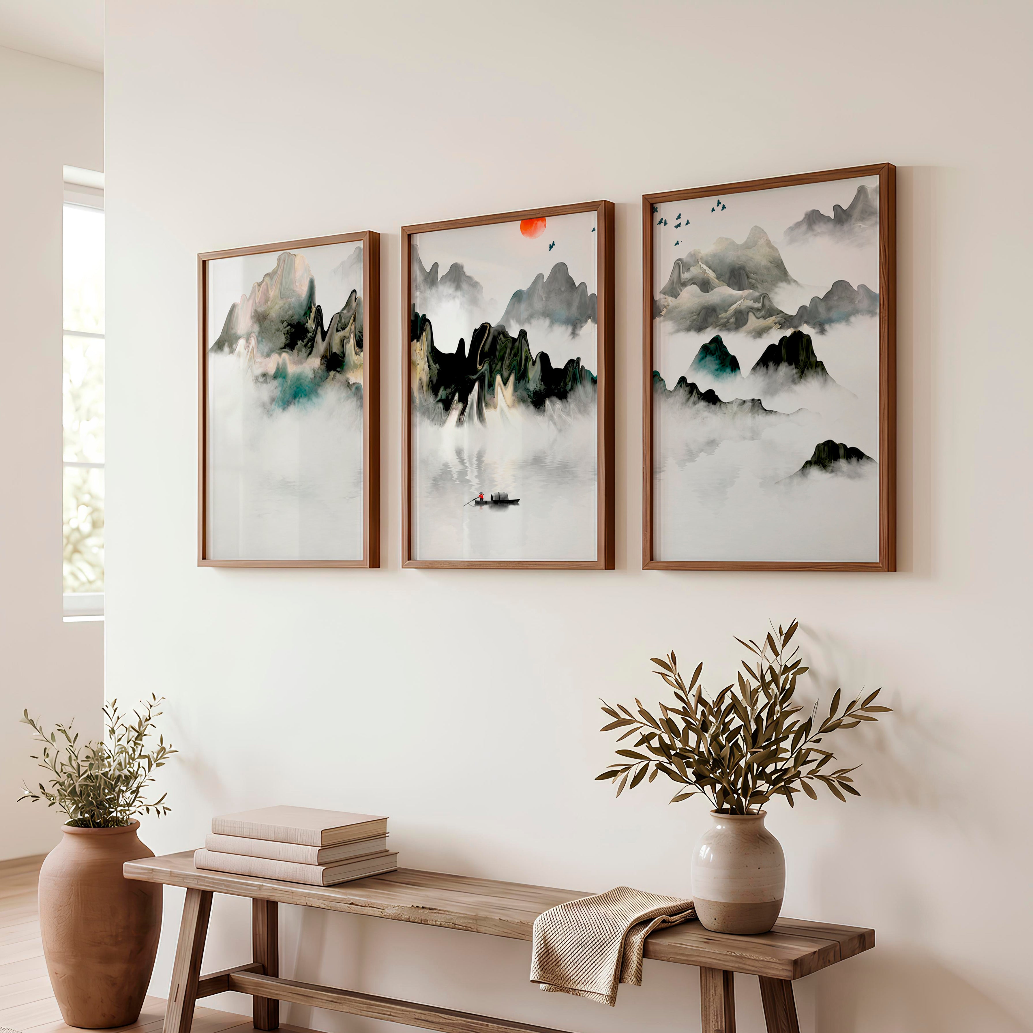 Japanese Modern Art Prints Featuring Geometric Earth Tones - Dark Brown Framed Poster No Border - Artworksets