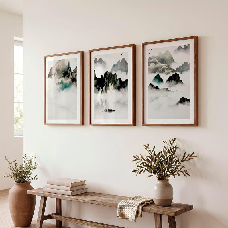 Japanese Modern Art Prints Featuring Geometric Earth Tones - Dark Brown Framed Poster with White Border - Artworksets