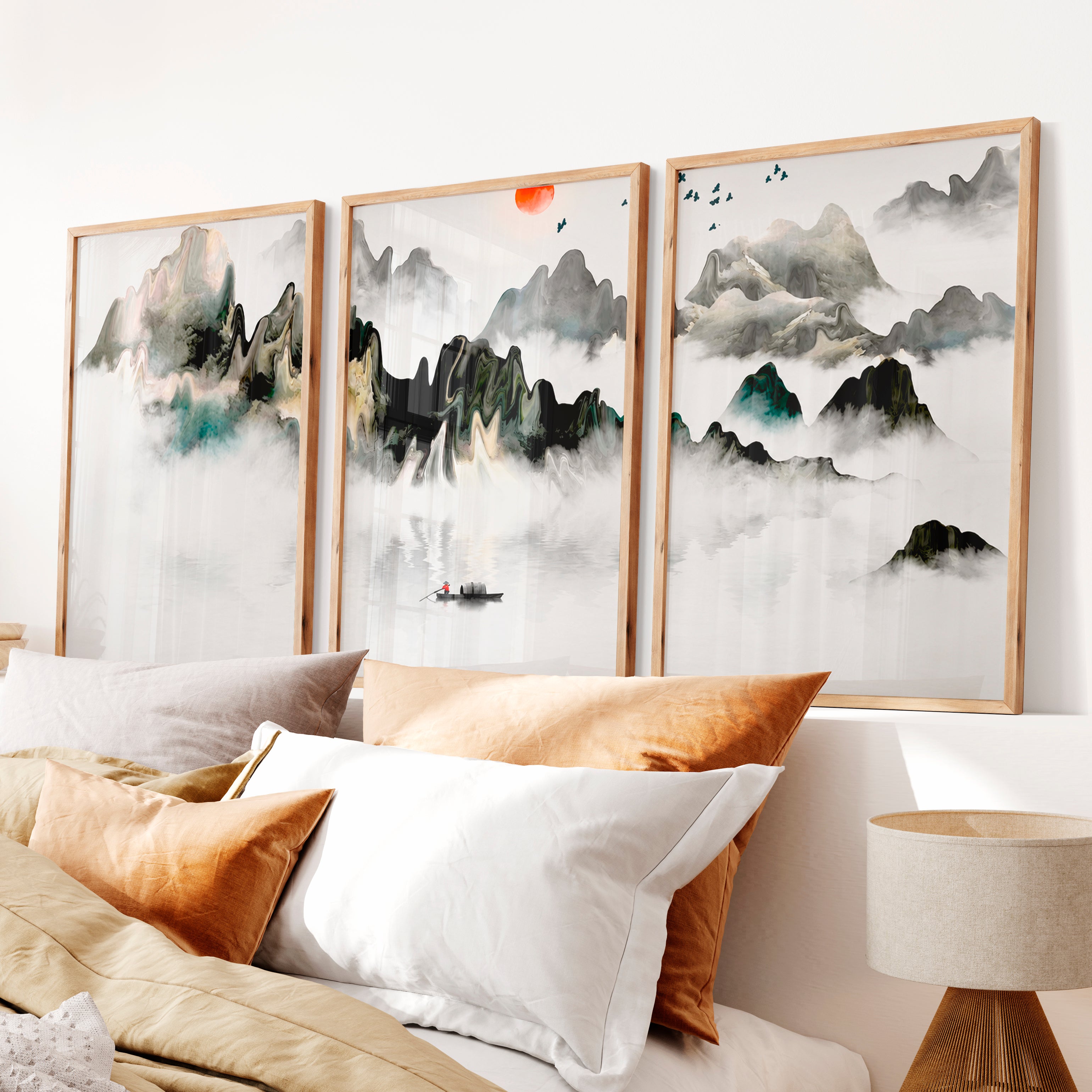 Japanese Modern Art Prints Featuring Geometric Earth Tones - Natural Wood Framed Poster No Border - Artworksets