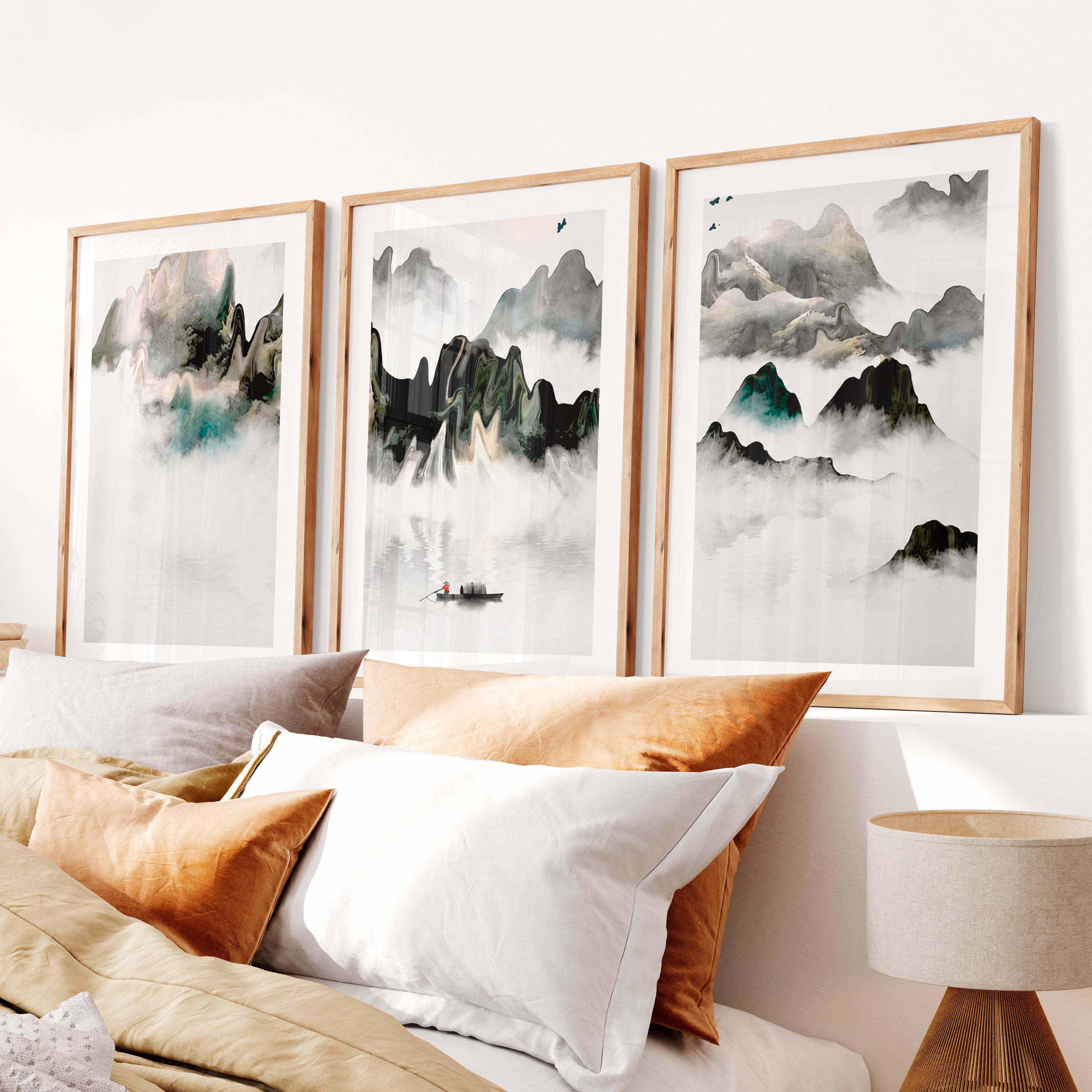 Japanese Modern Art Prints Featuring Geometric Earth Tones- Natural Wood Framed Poster with White Border - Artworksets
