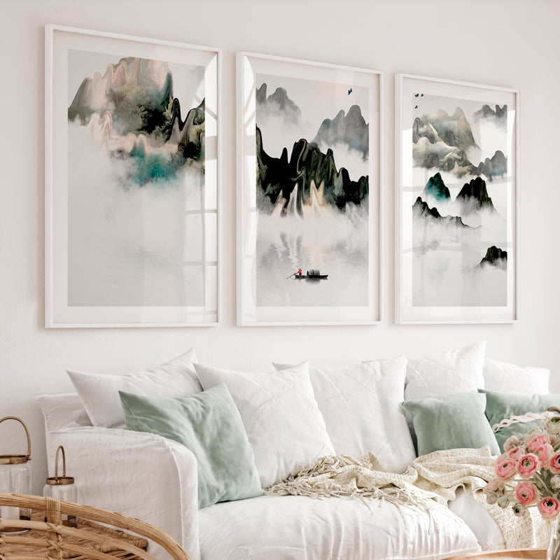 Japanese Modern Art Prints Featuring Geometric Earth Tones - White Framed Poster with White Border - Artworksets