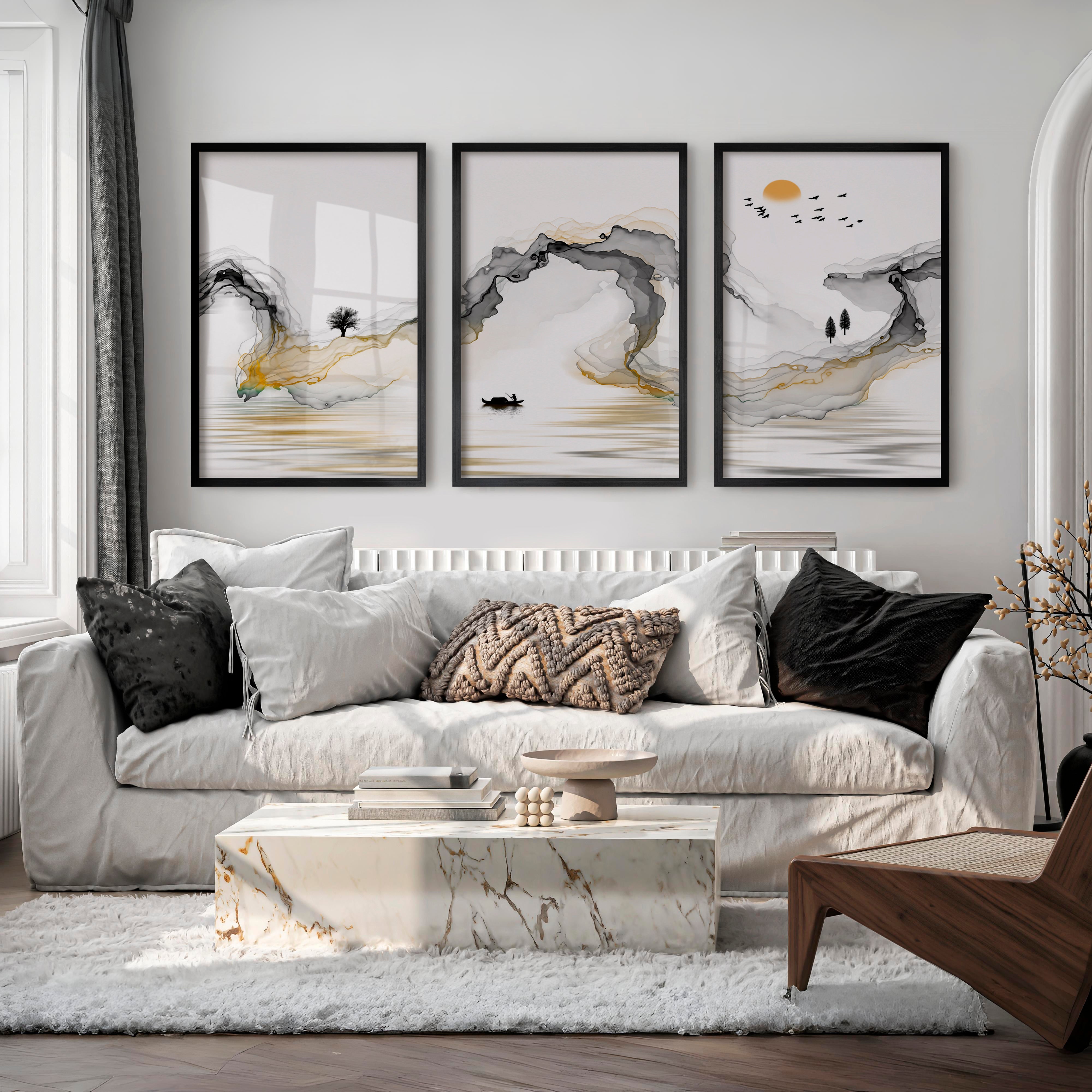 Japanese Modern Wall Art with Black Oval and Flowing Lines - Black Framed Poster No Border - Artworksets