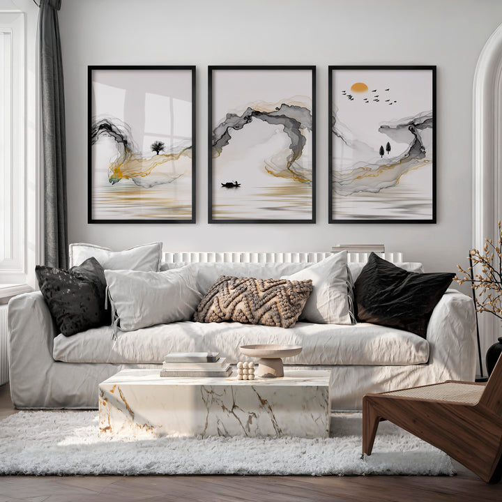 Japanese Modern Wall Art with Black Oval and Flowing Lines - Black Framed Poster No Border - Artworksets