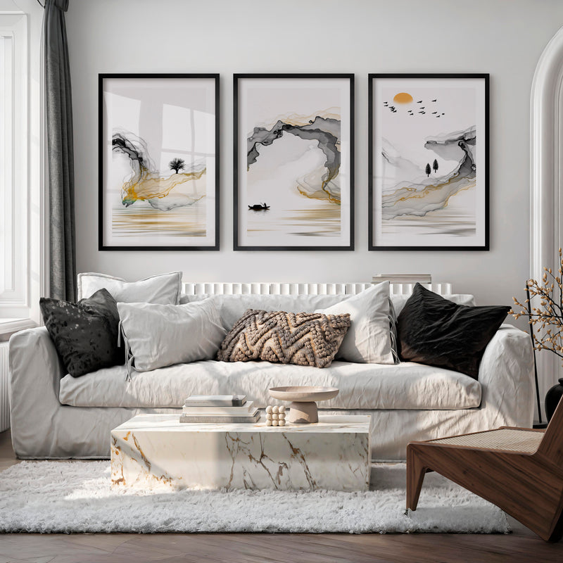 Japanese Modern Wall Art with Black Oval and Flowing Lines - Black Framed Poster with White Border - Artworksets