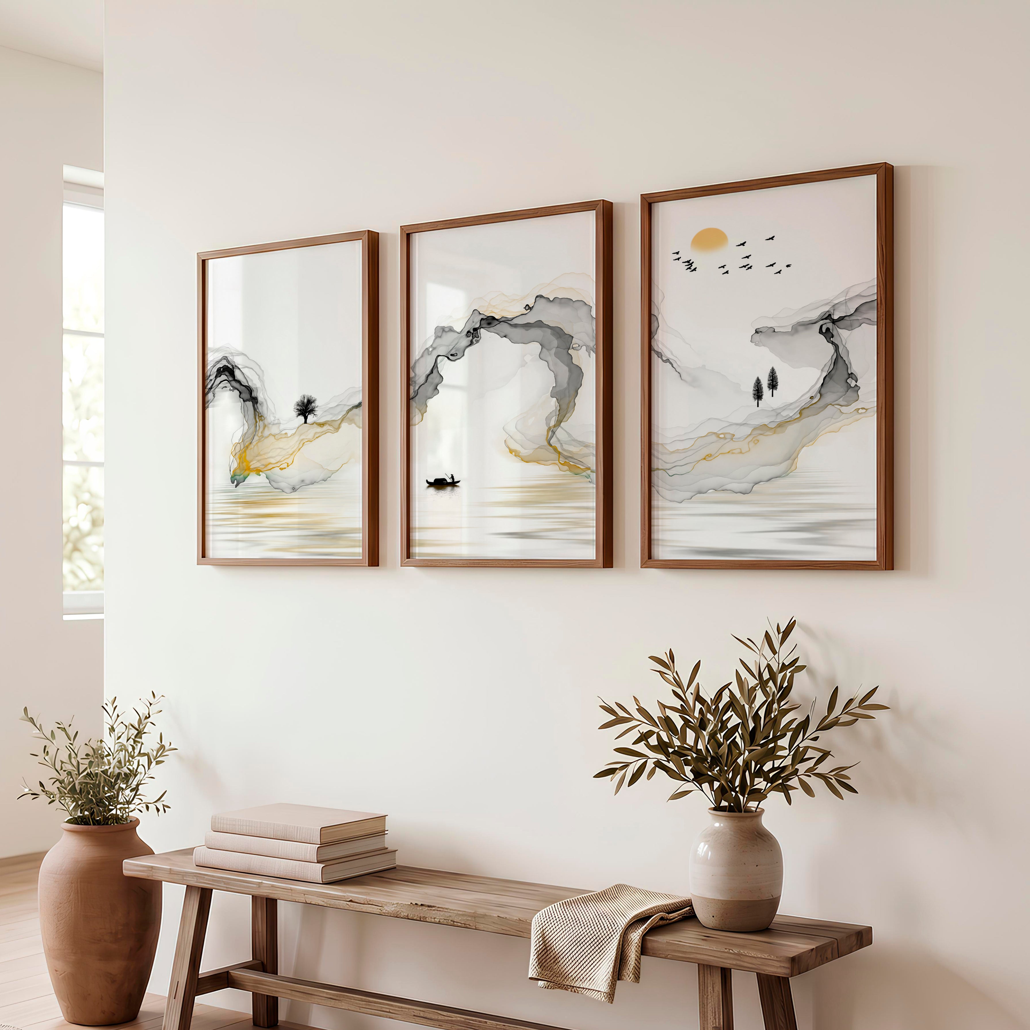 Japanese Modern Wall Art with Black Oval and Flowing Lines - Dark Brown Framed Poster No Border - Artworksets