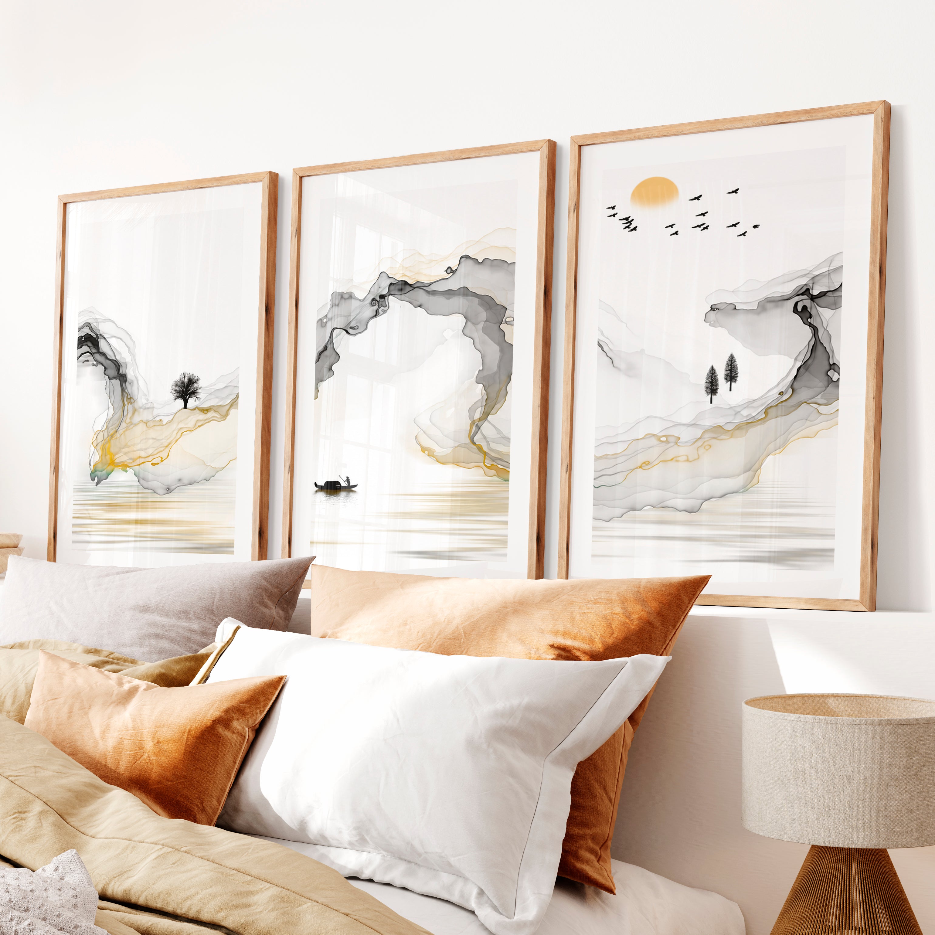 Japanese Modern Wall Art with Black Oval and Flowing Lines- Natural Wood Framed Poster with White Border - Artworksets