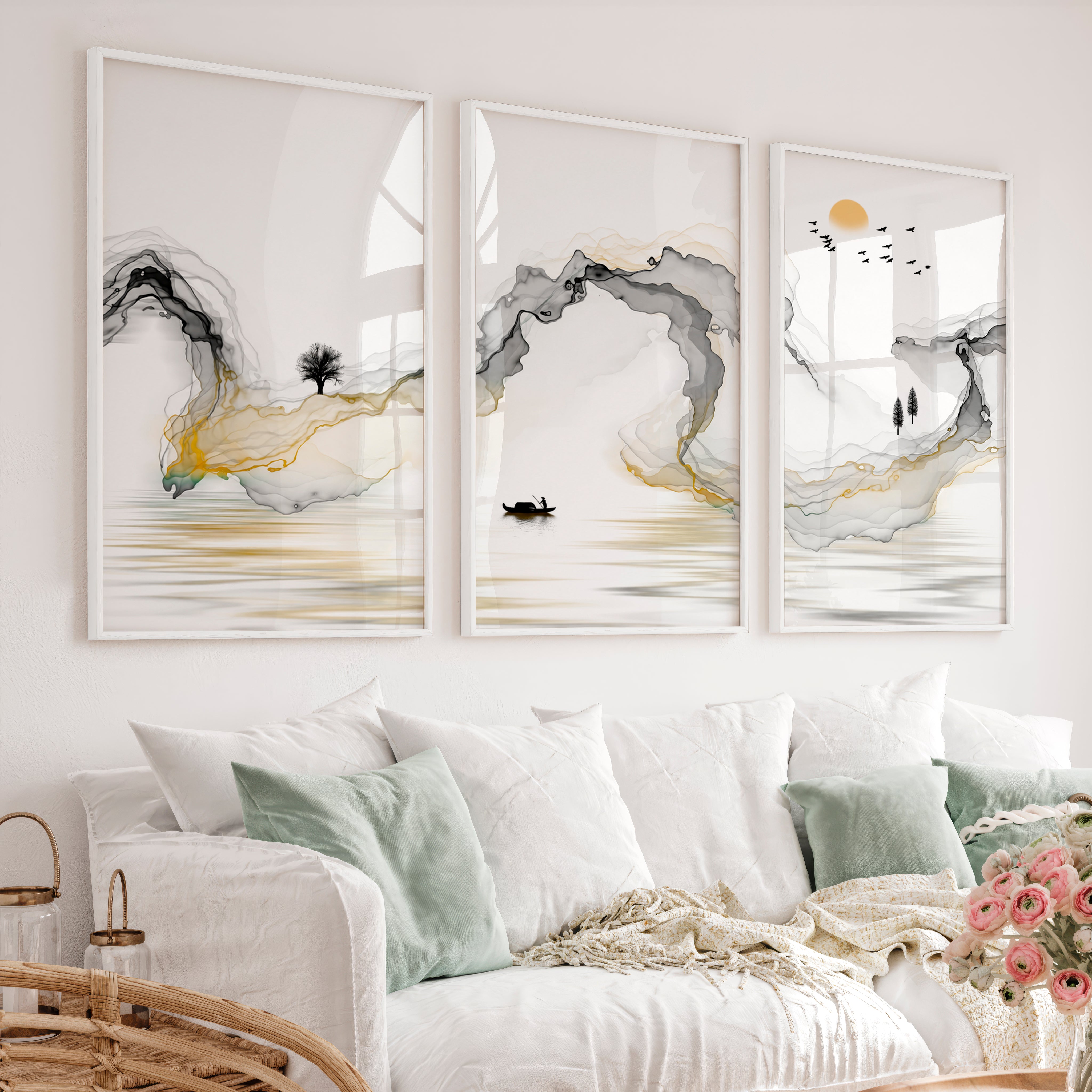 Japanese Modern Wall Art with Black Oval and Flowing Lines - White Framed Poster No Border - Artworksets