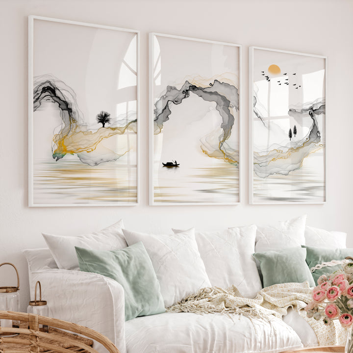 Japanese Modern Wall Art with Black Oval and Flowing Lines - White Framed Poster No Border - Artworksets