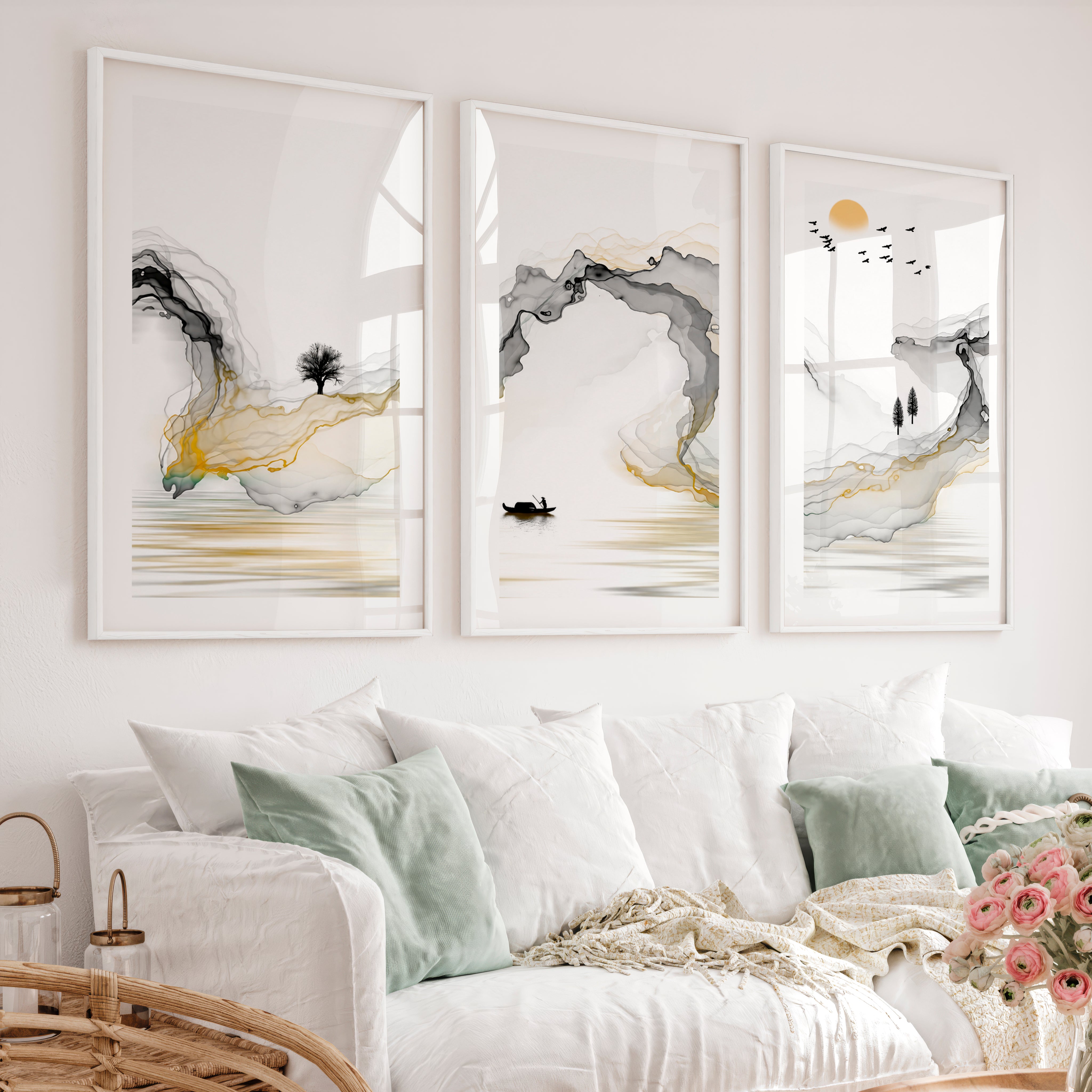 Japanese Modern Wall Art with Black Oval and Flowing Lines - White Framed Poster with White Border - Artworksets